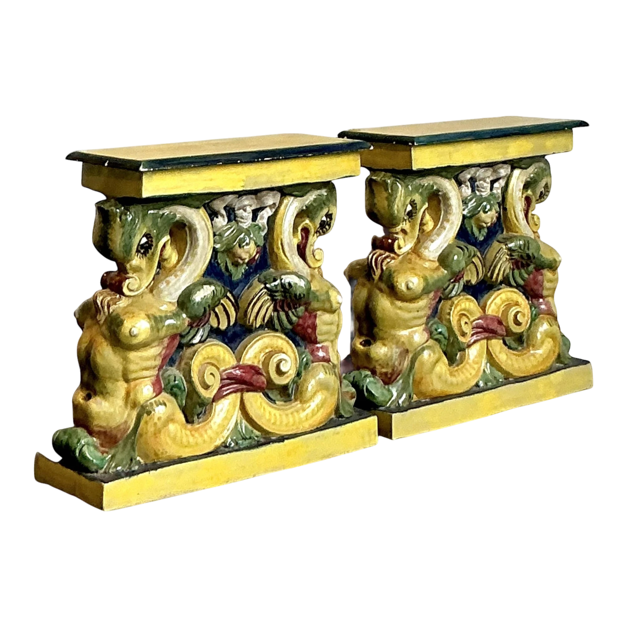 Vintage Coastal Glazed Terracotta Side Tables - A Pair