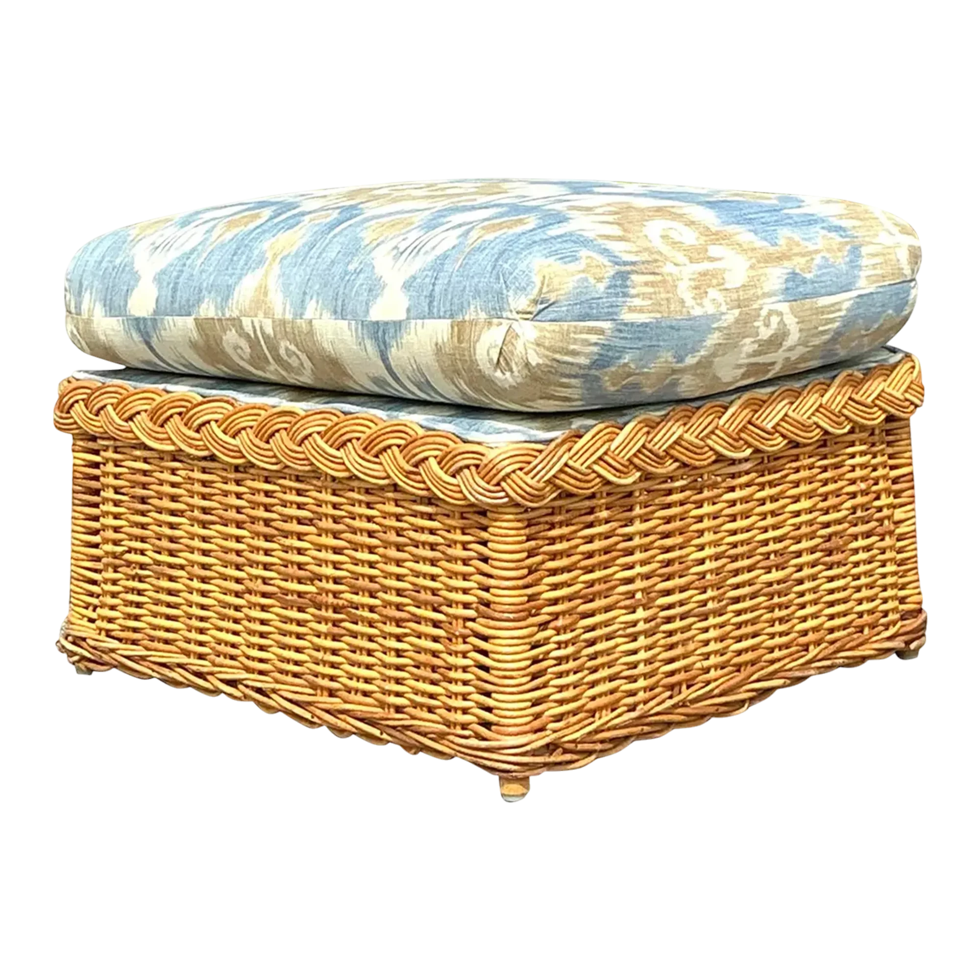 Vintage Coastal Ikat Braided Rattan Ottoman