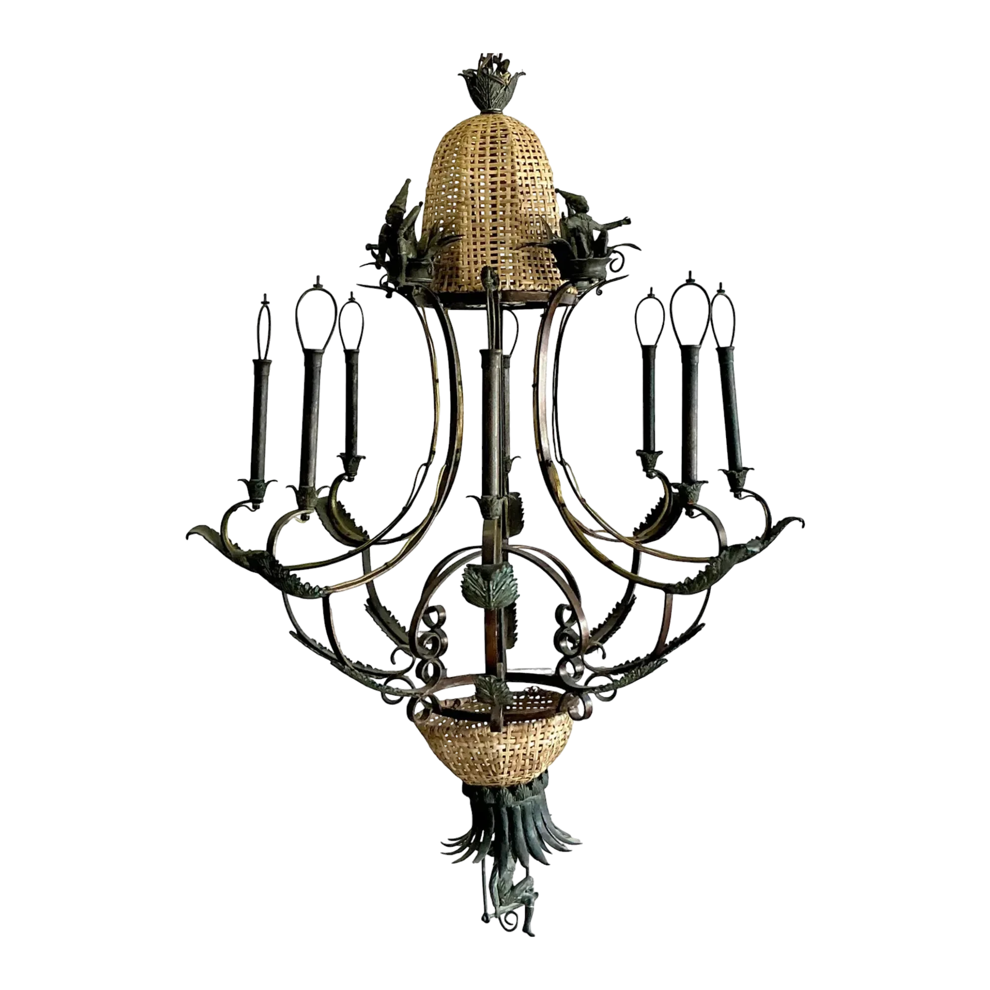 Vintage Coastal Maitland Smith Patinated Monkey Chandelier