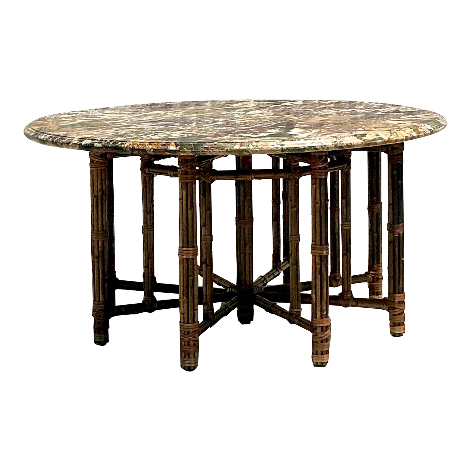Vintage Coastal McGuire Bamboo Center Hall Table With Stone Top