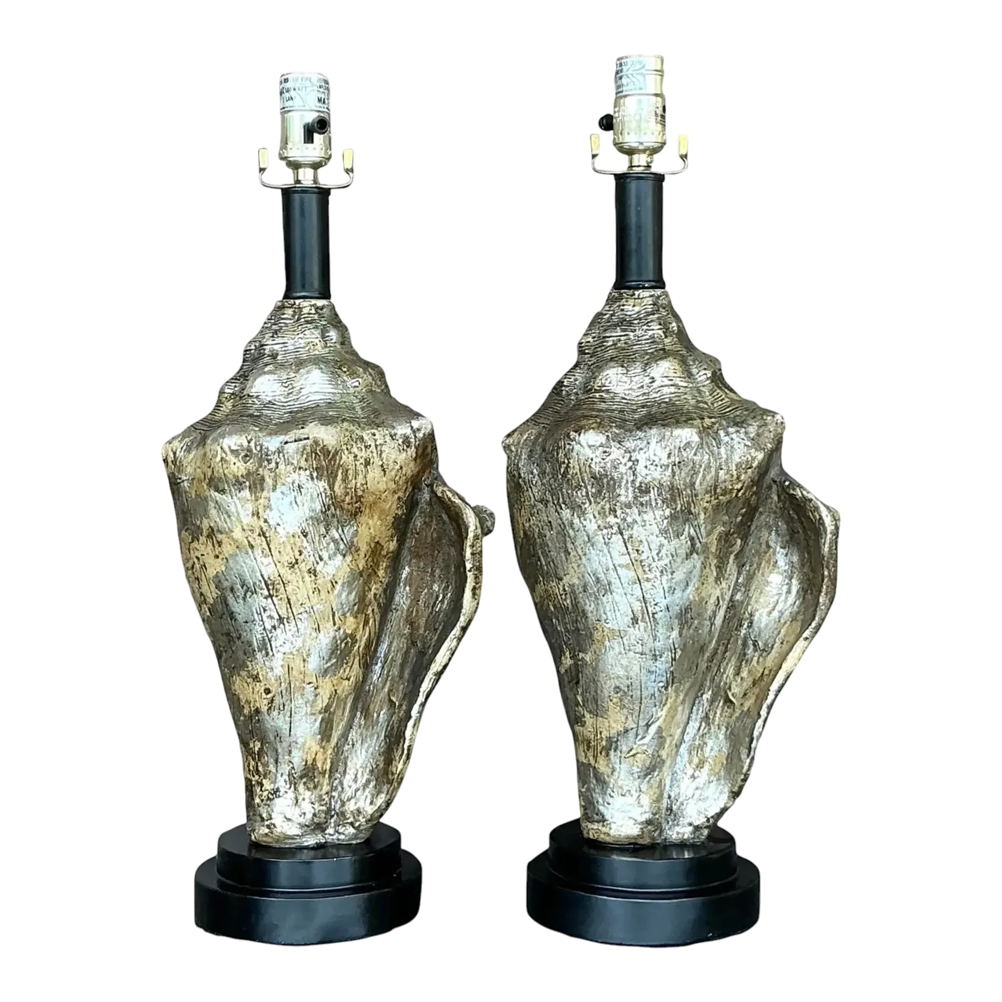 Vintage Coastal Metallic Conch Shell Lamps - a Pair