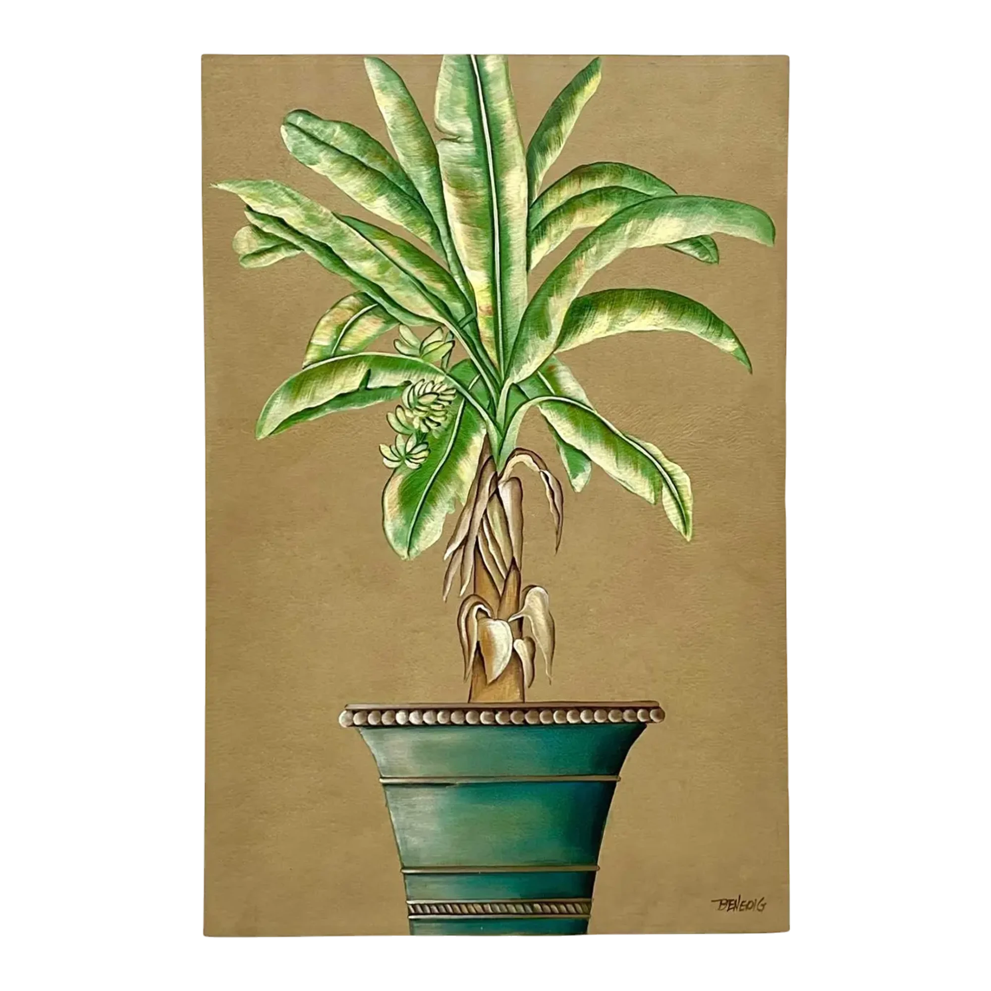 Vintage Coastal Monumental Banana Leaf Original Oil Painting on Canvas