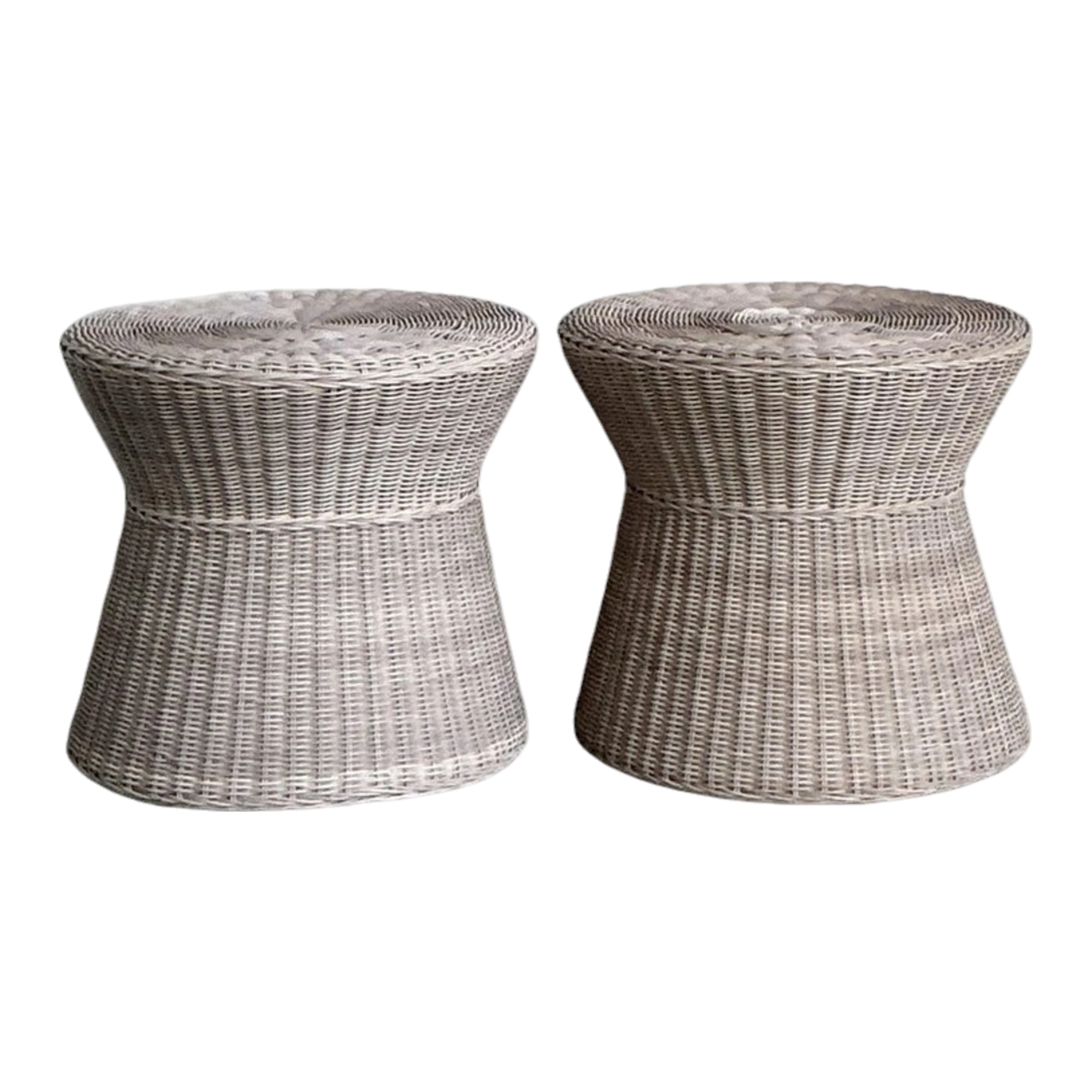 Vintage Coastal Pale Pink Woven Rattan Side Tables - A Pair
