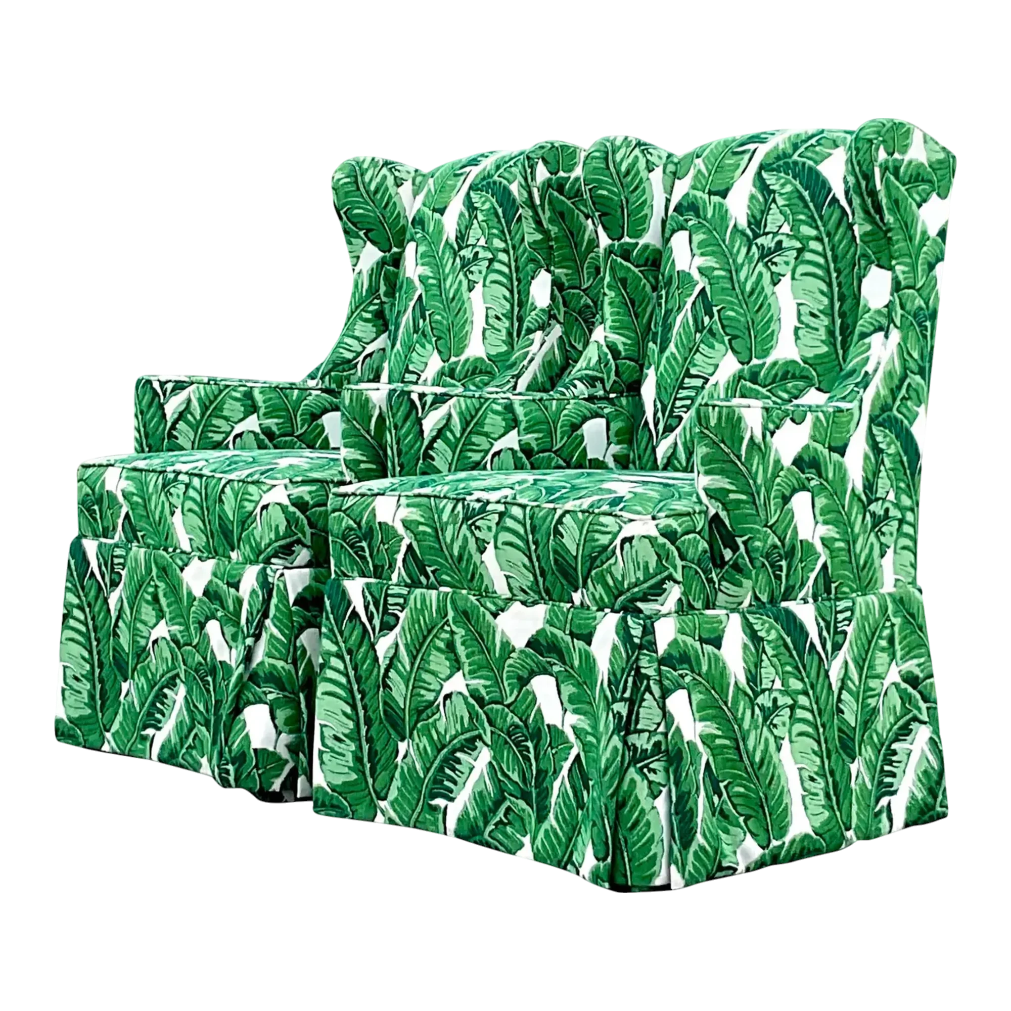 Vintage Coastal Palm Frond Skirted Wingback Chairs - a Pair