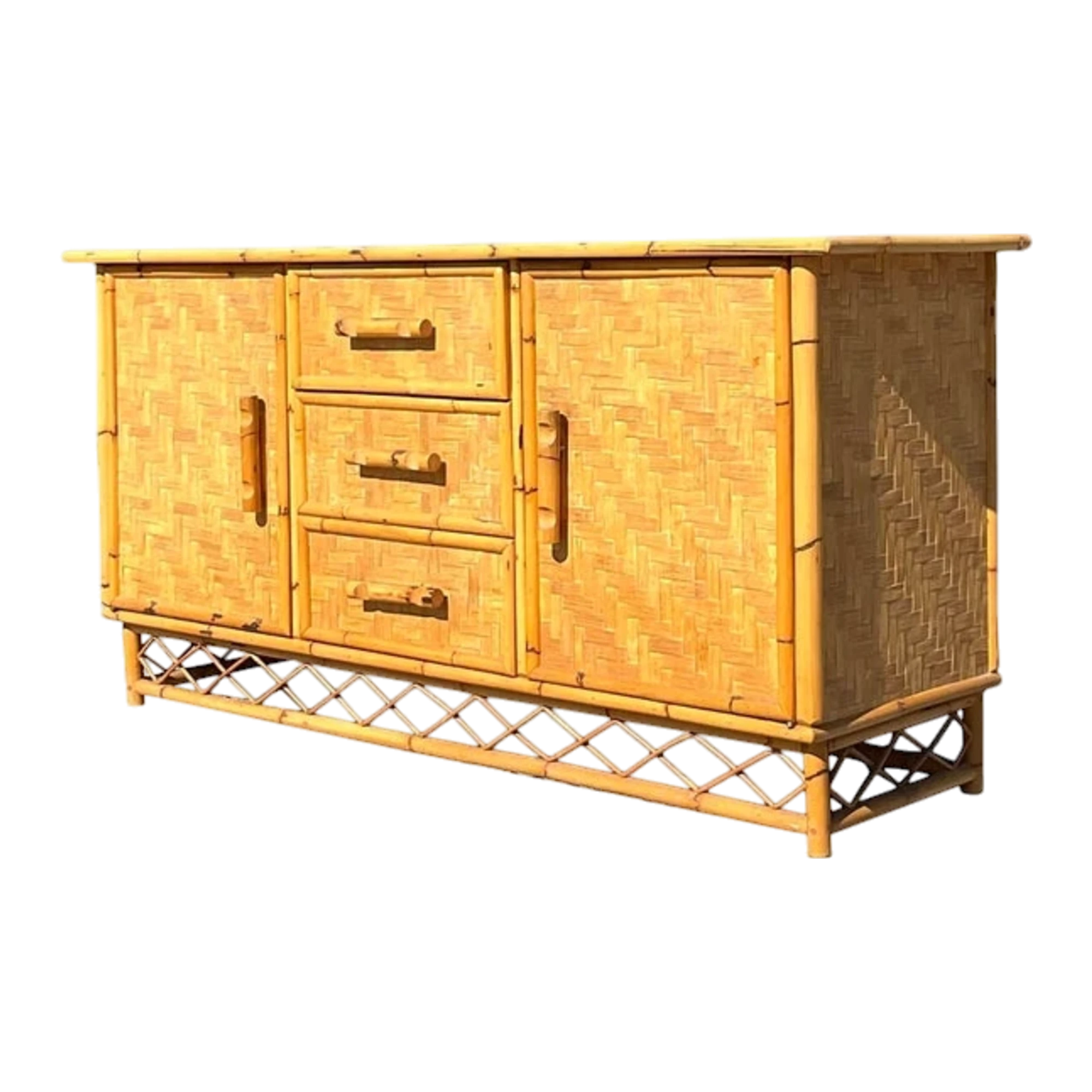 Vintage Coastal Parquet Rattan Credenza