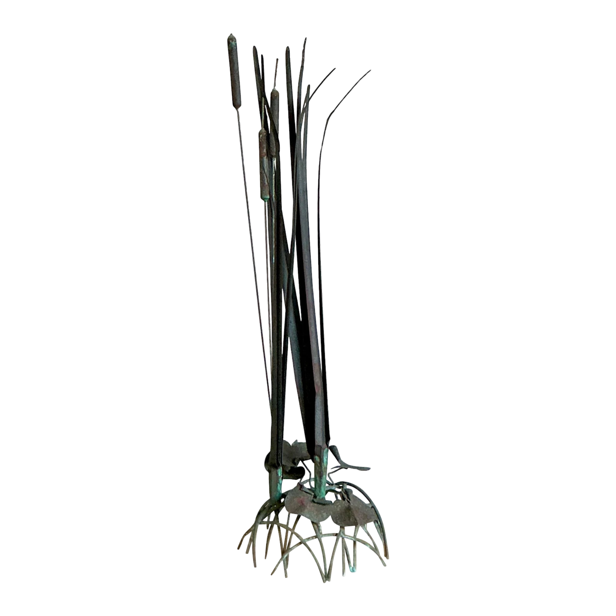 Vintage Coastal Patinated Bronze Cattail Sculpture