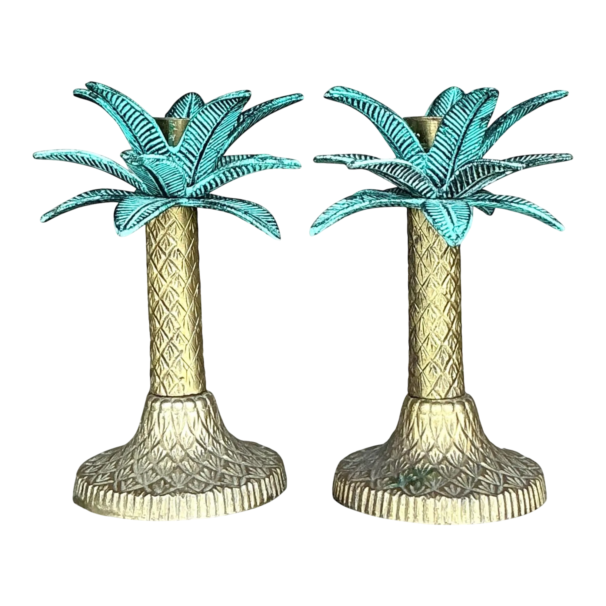 Vintage Coastal Patinated Metal Palm Tree Candlesticks- Set of 2 — additional photo 1