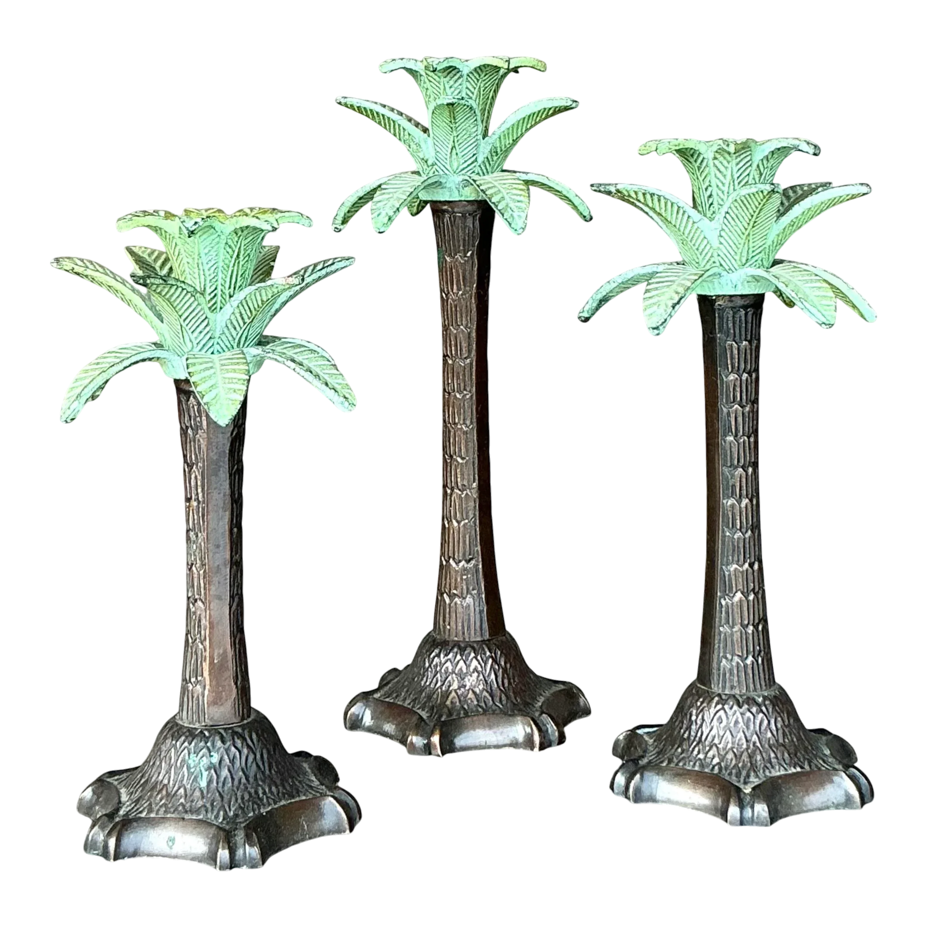 Vintage Coastal Patinated Palm Tree Candlesticks - Set of 3