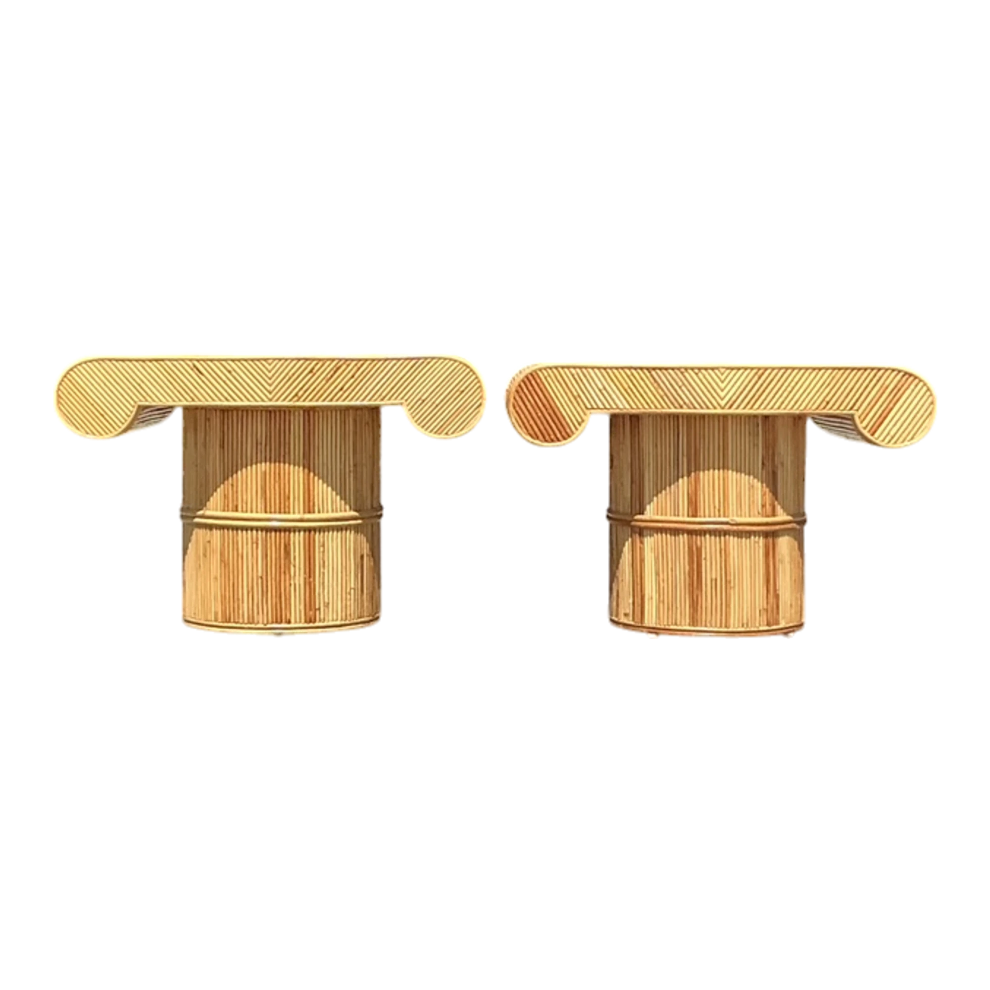 Vintage Coastal Pencil Reed Column Side Tables - A Pair