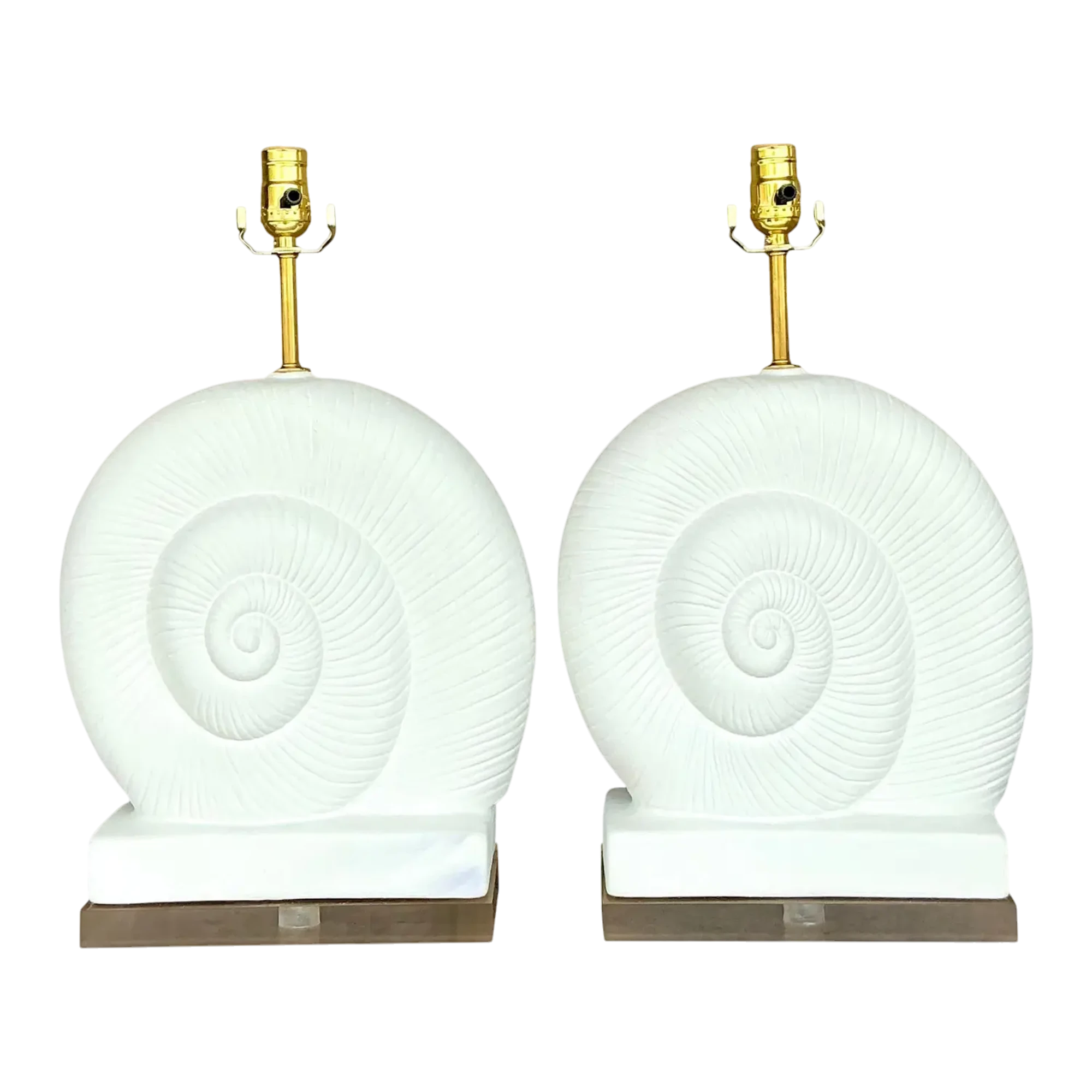 Vintage Coastal Plaster and Lucite Nautilus Shell Lamps - a Pair