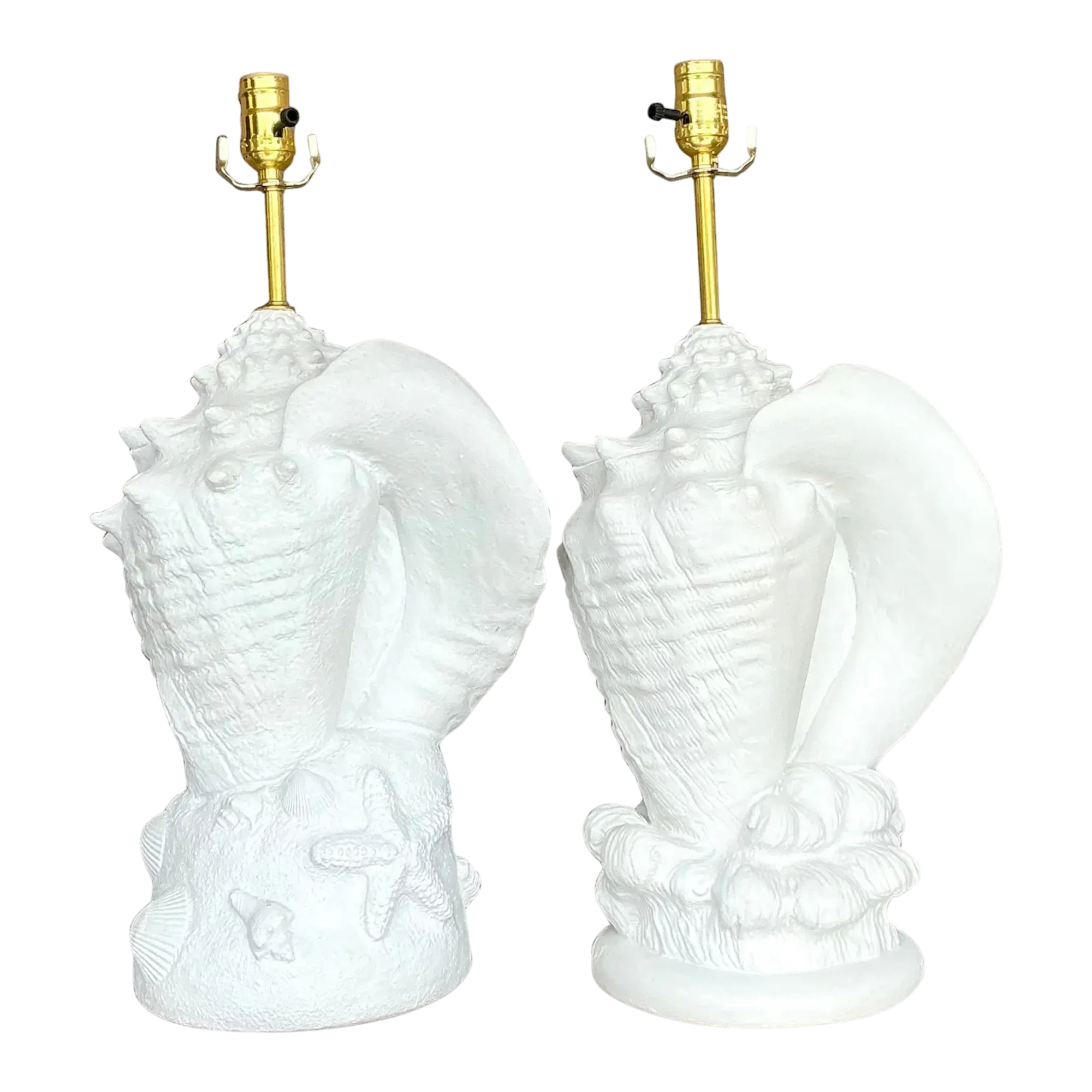 Vintage Coastal Plaster Conch Shell Lamps - Set of Two