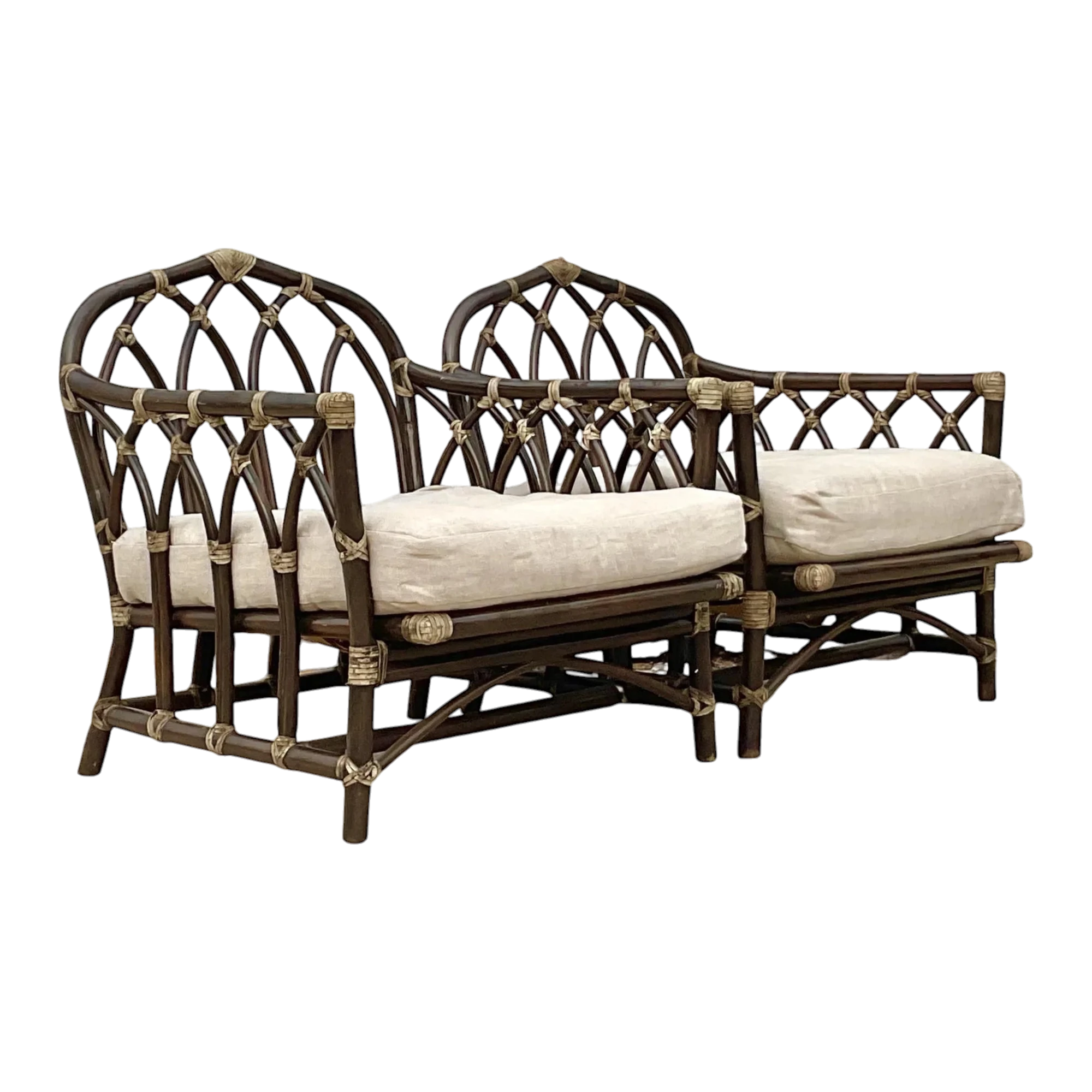 Vintage Coastal Rattan Cathedral Lounge Chairs After McGuire - Set of 2