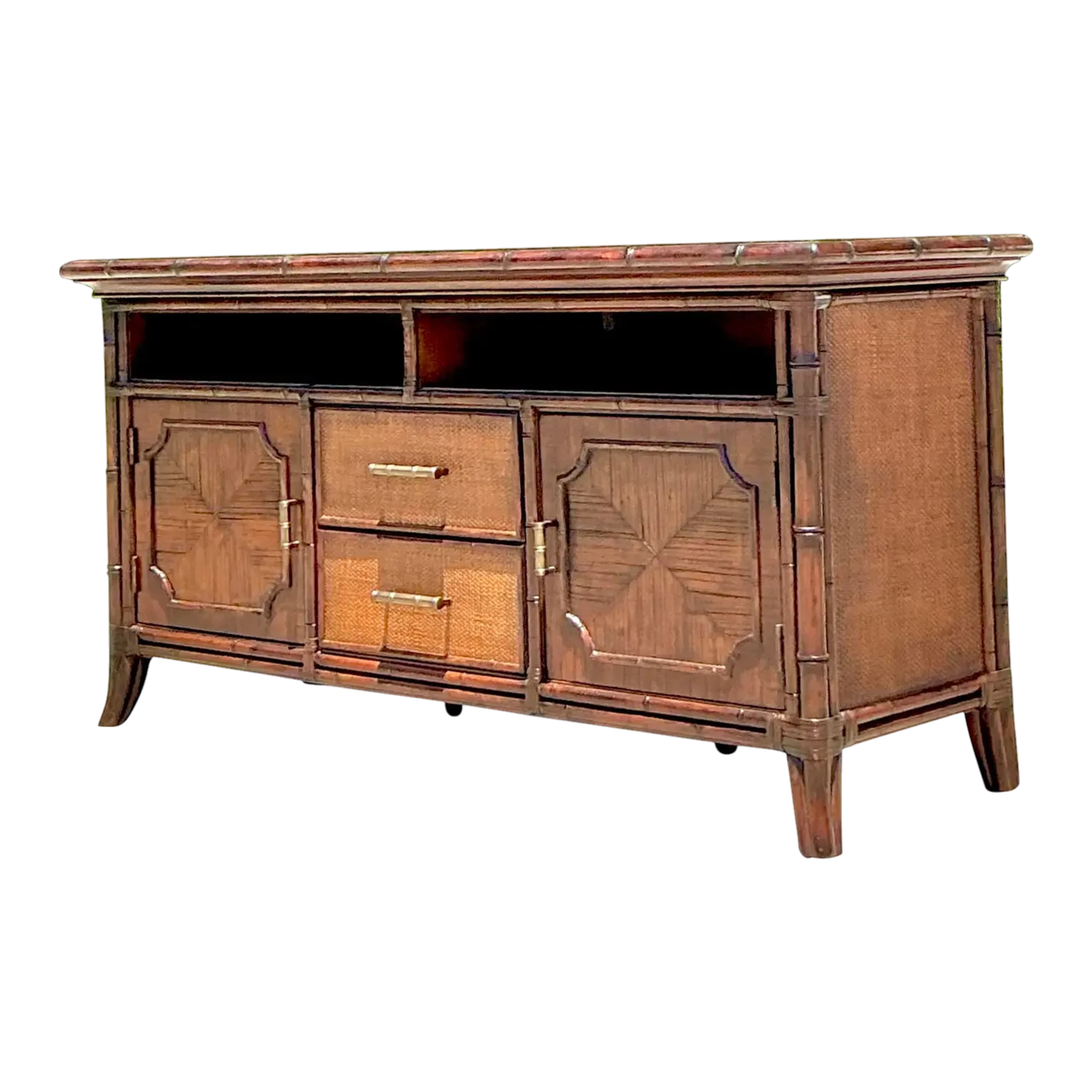 Vintage Coastal Sligh Inset Rattan Credenza