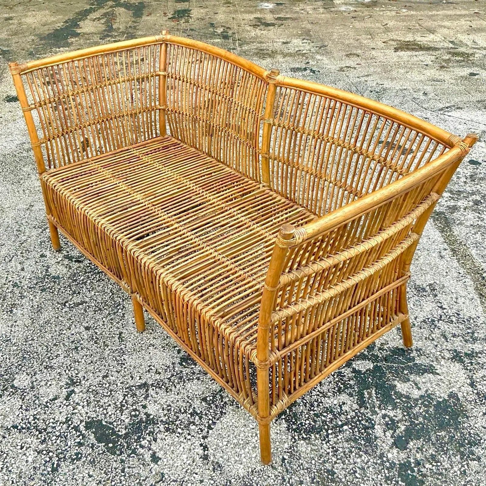 Vintage Coastal Stick Rattan Loveseat
