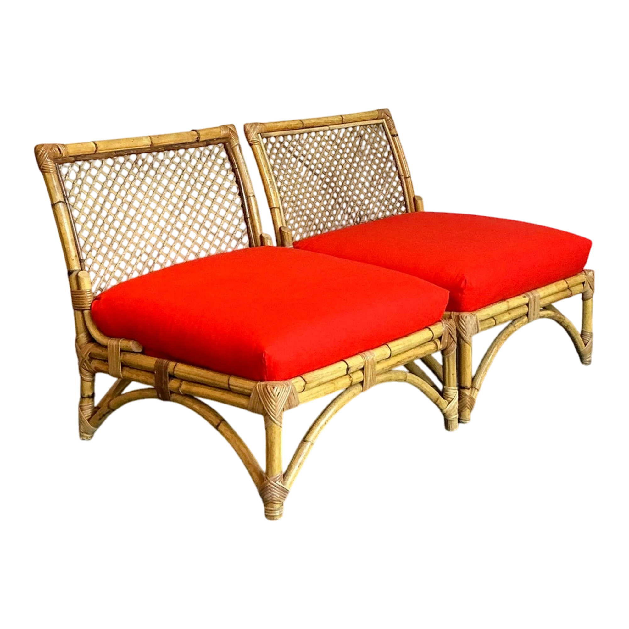 Vintage Coastal Trellis Rattan Slipper Chairs - A Pair
