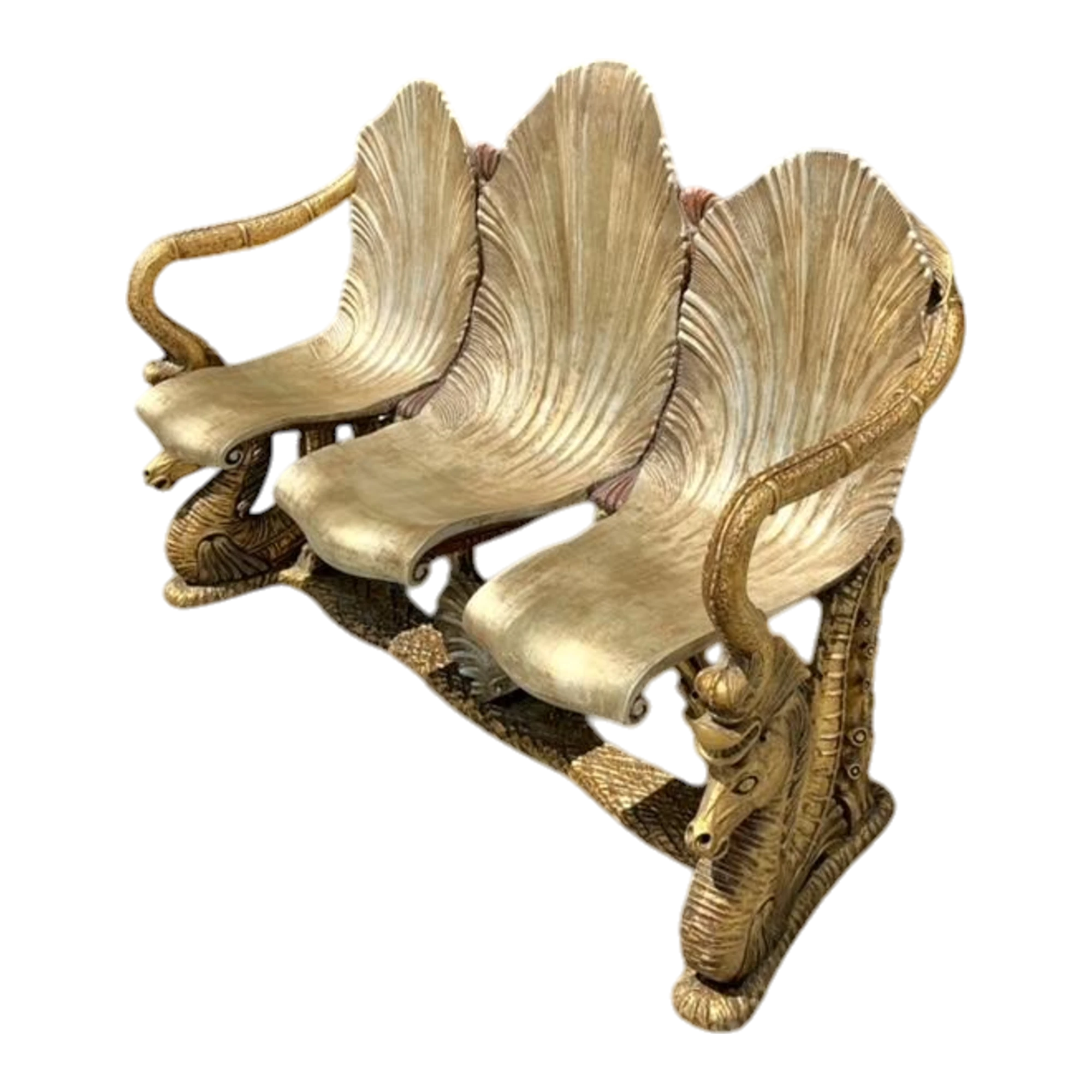 Vintage Coastal Venetian Gilt Carved Grotto and Seahorse Bench