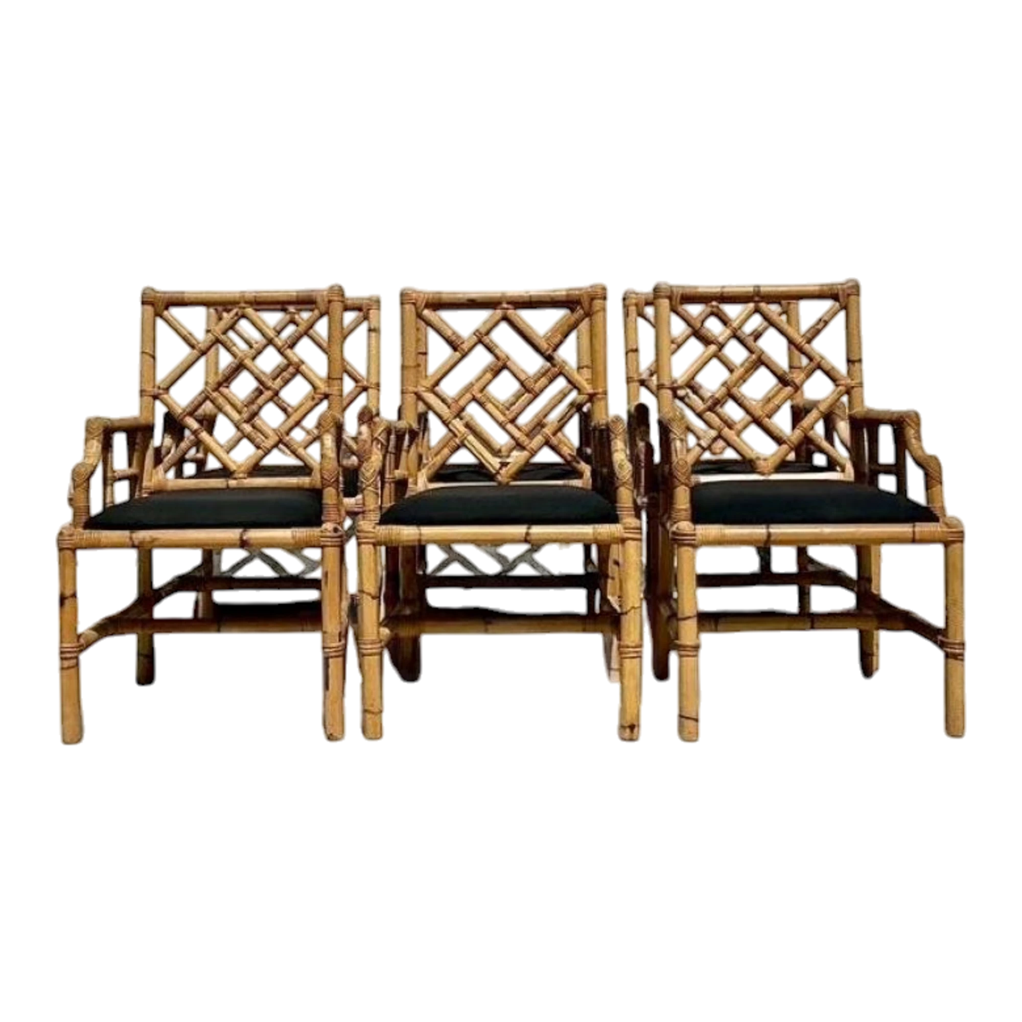 Vintage Coastal Vivai Del Sud Bamboo Fretwork Dining Chairs - Set of 6