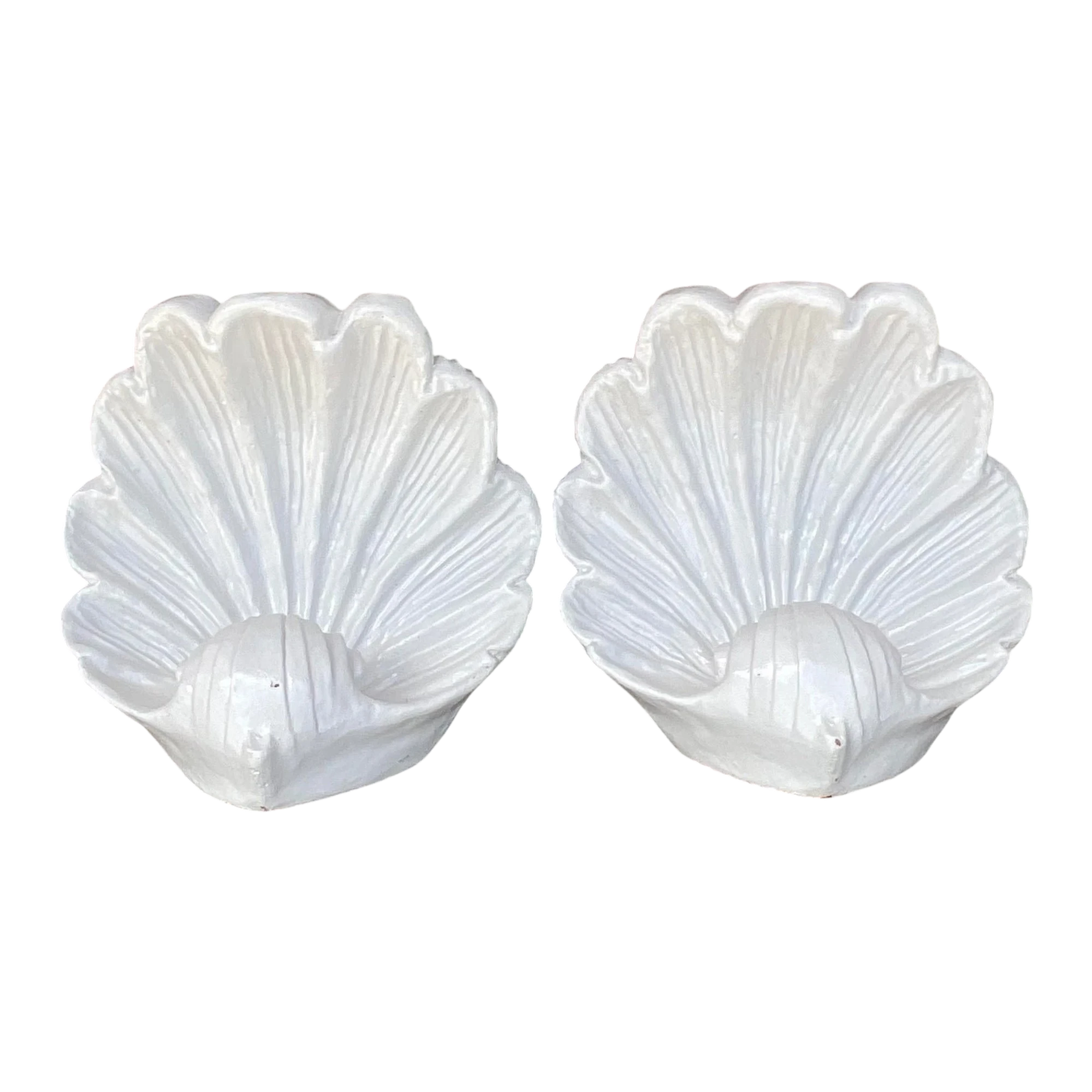 Vintage Coastal White Glazed Ceramic Clam Shell Sculptures - a Pair