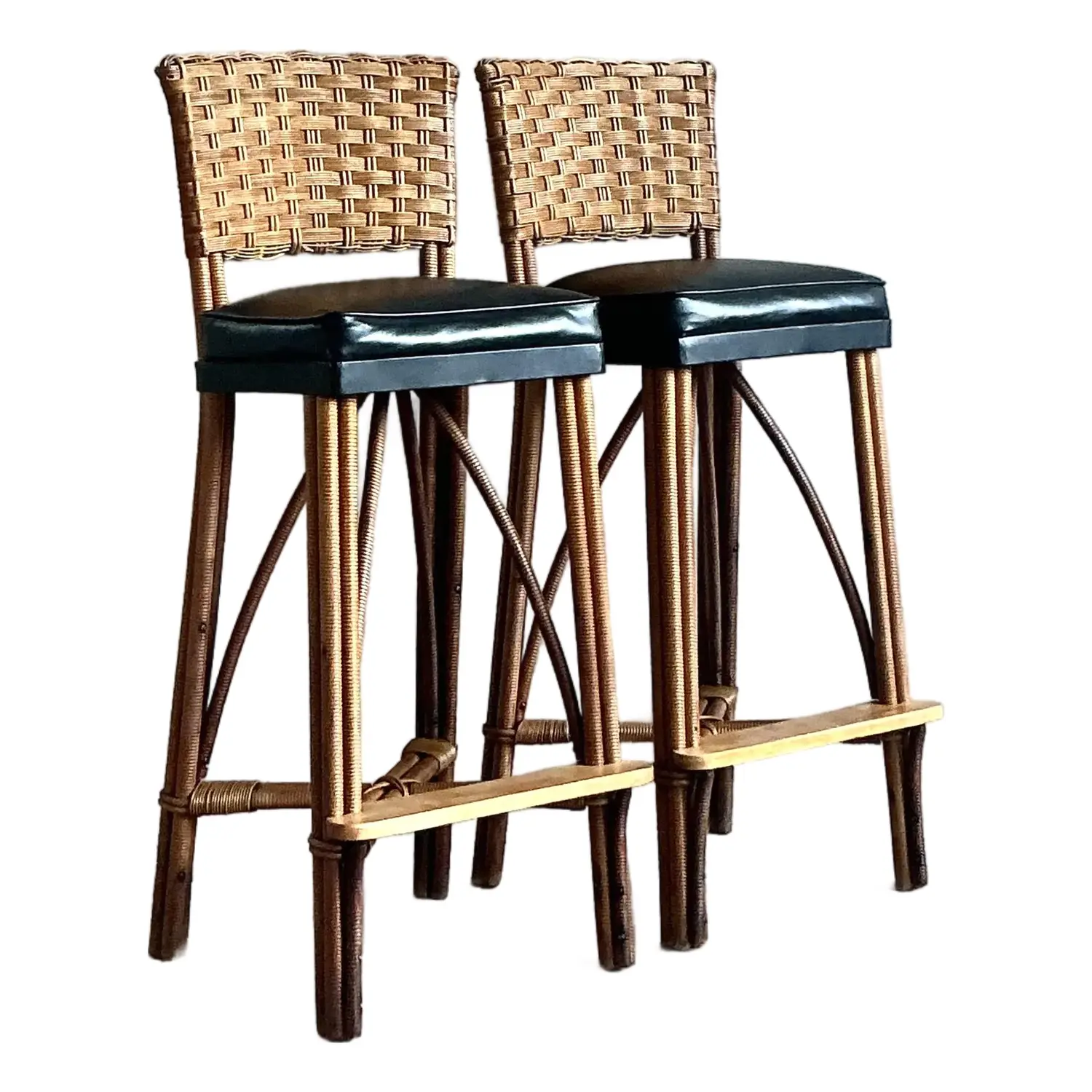 Vintage Coastal Woven Rattan Bar Stools - A Pair