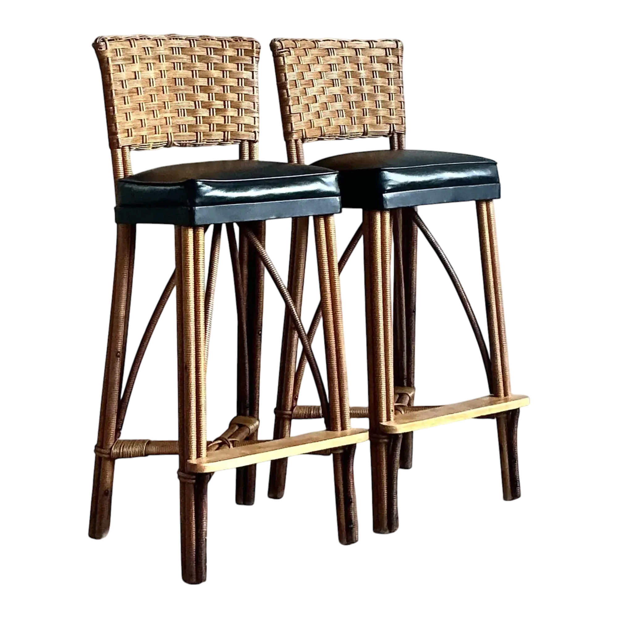 Vintage Coastal Woven Rattan Bar Stools - A Pair