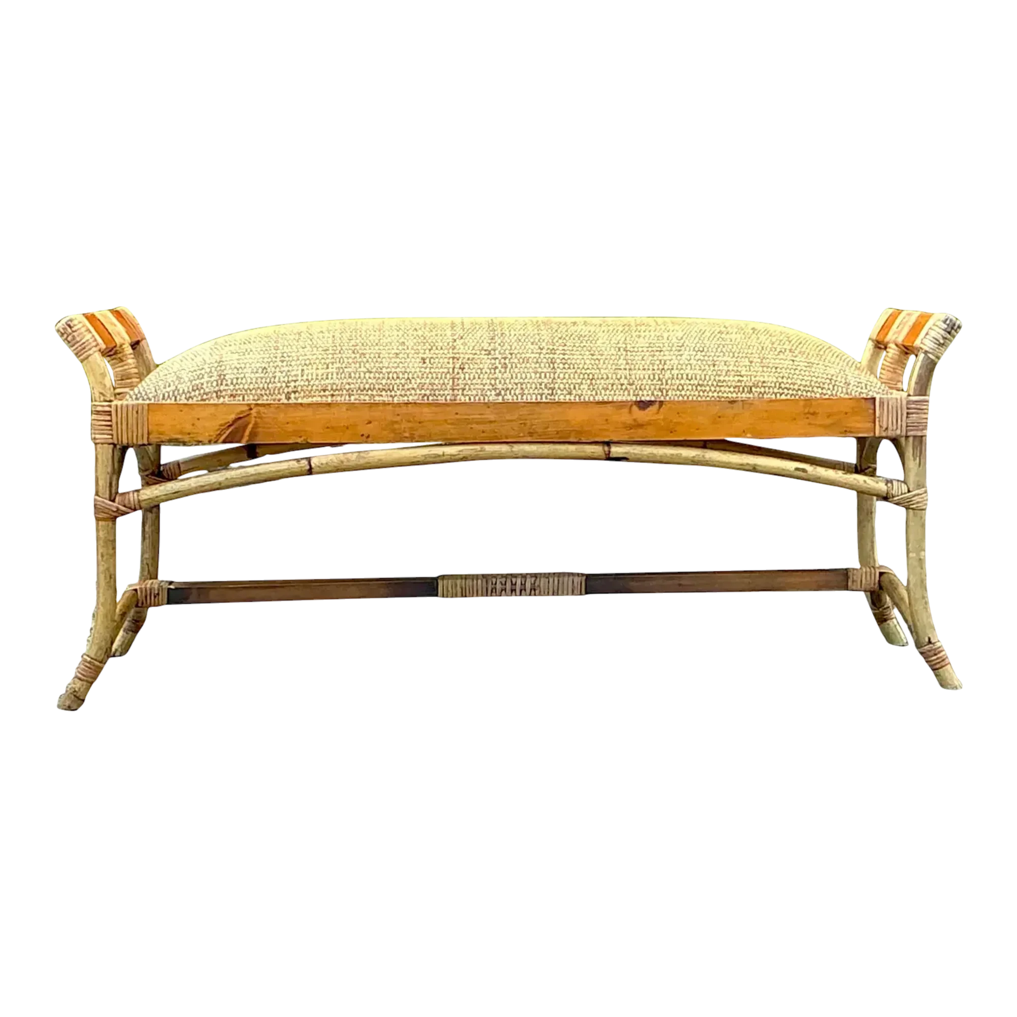 Vintage Coastal Woven Rattan Bench