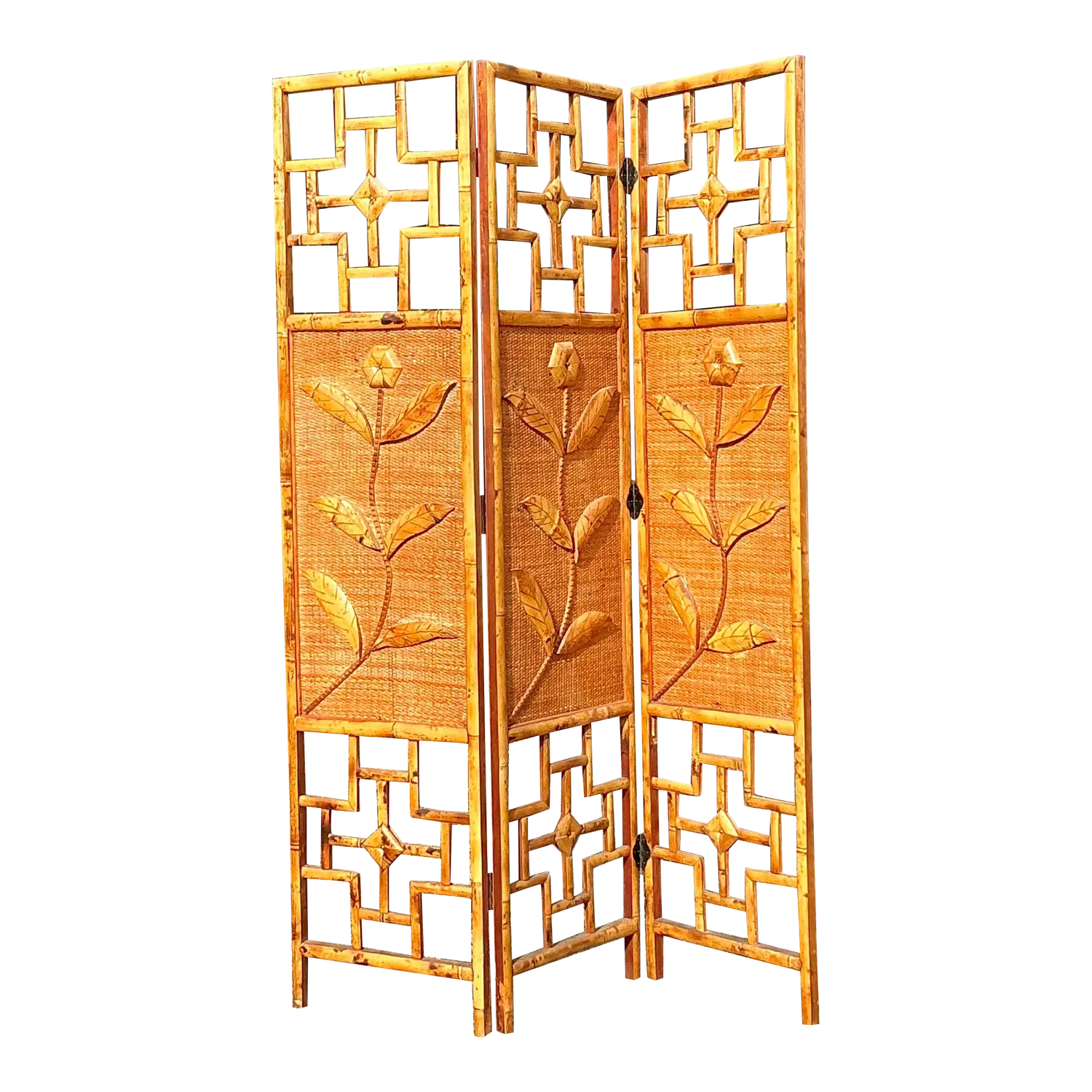 Vintage Coastal Woven Rattan Flowers Screen