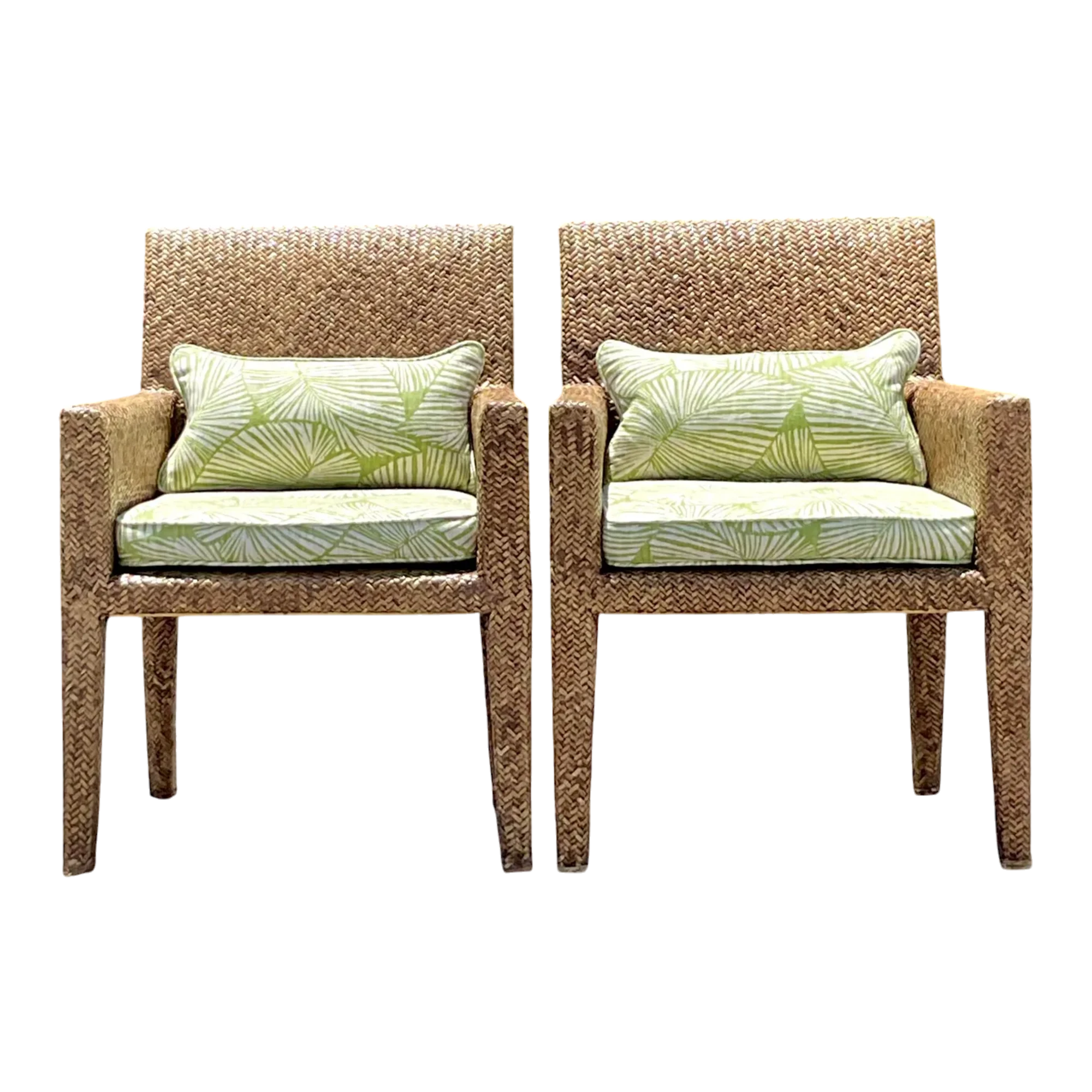 Vintage Coastal Woven Rattan Lounge Chairs - a Pair