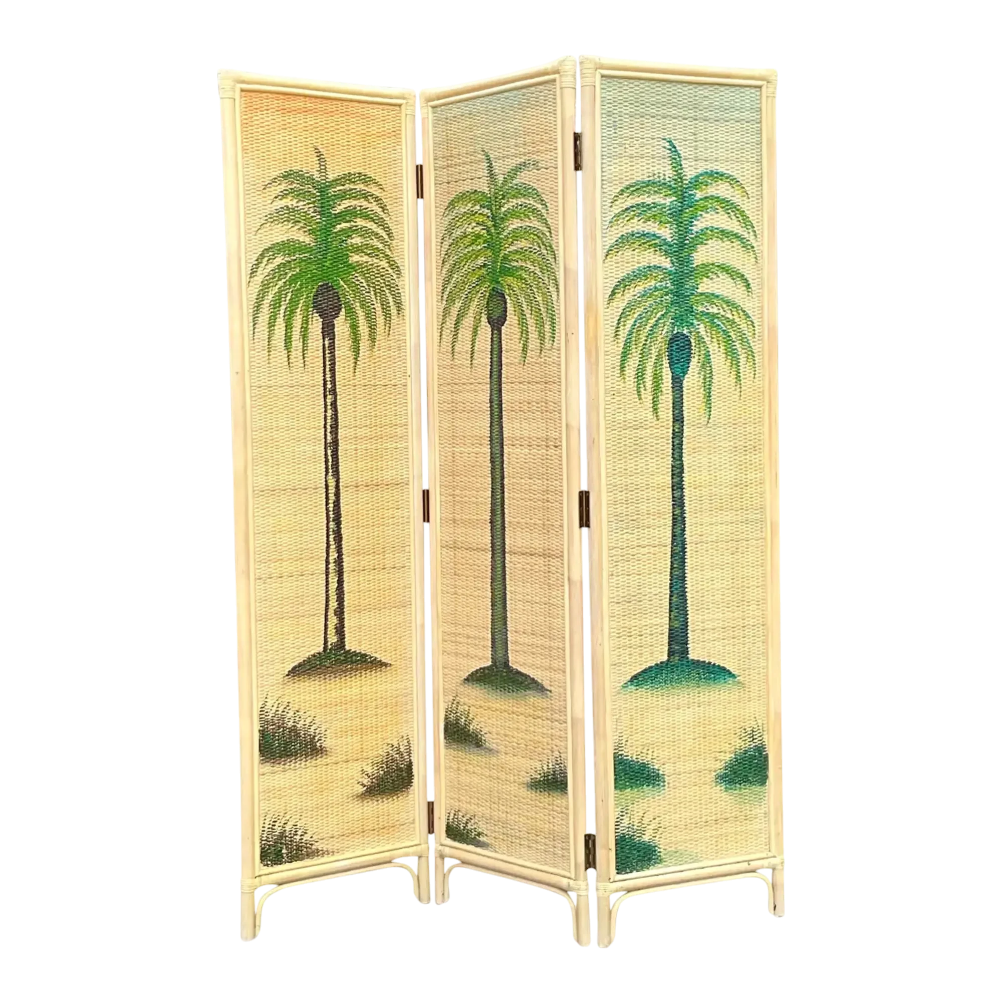 Vintage Coastal Woven Rattan Palm Tree Screen