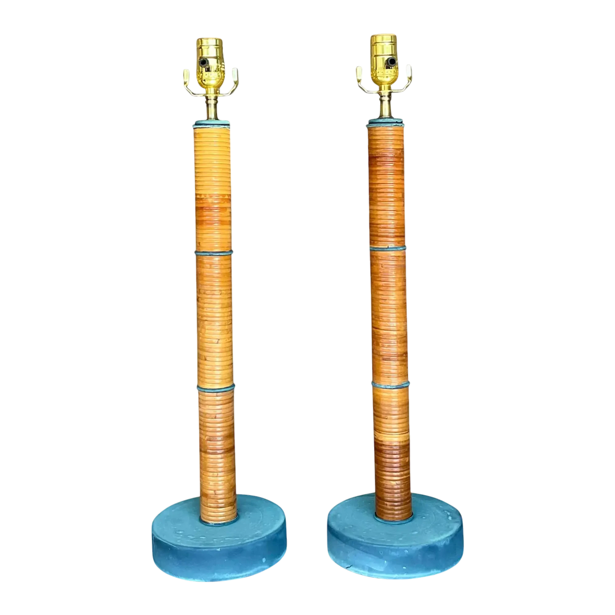 Vintage Coastal Wrapped Pencil Reed Column Lamps - a Pair