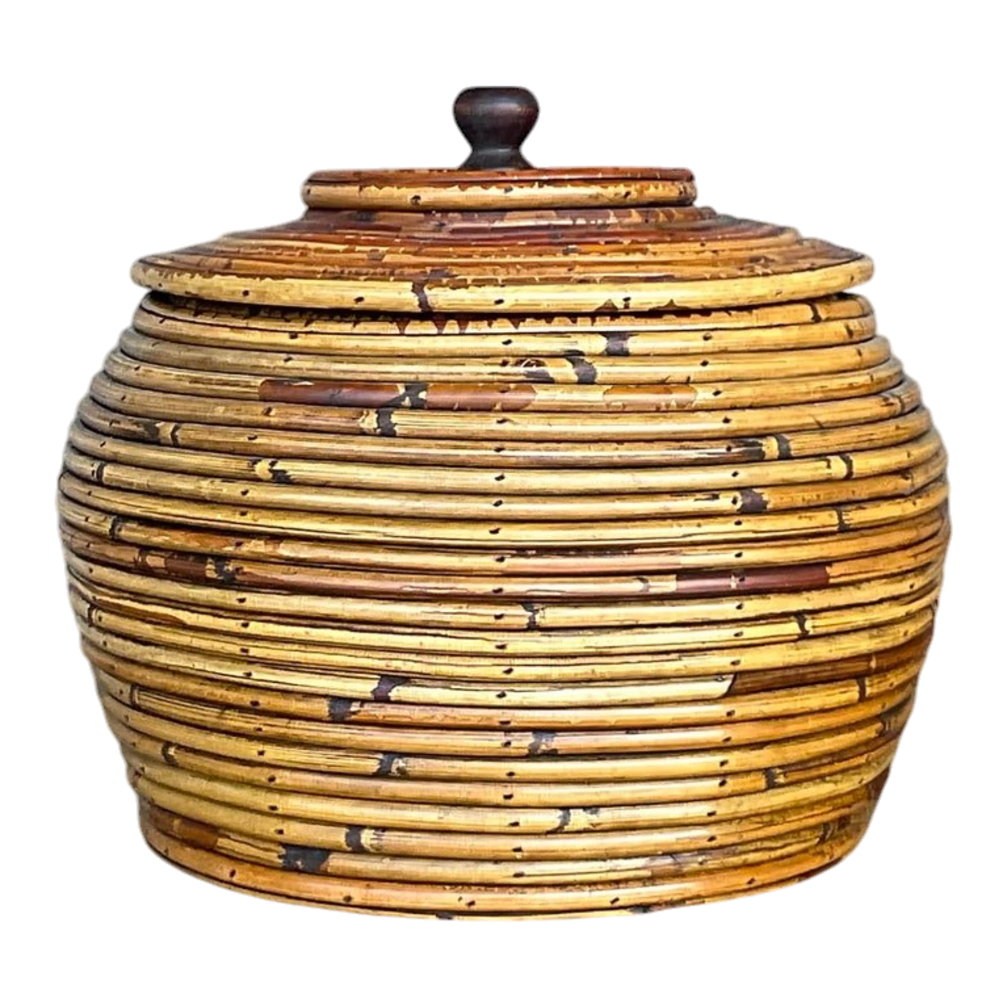 Vintage Costal Pencil Reed Low Lidded Urn