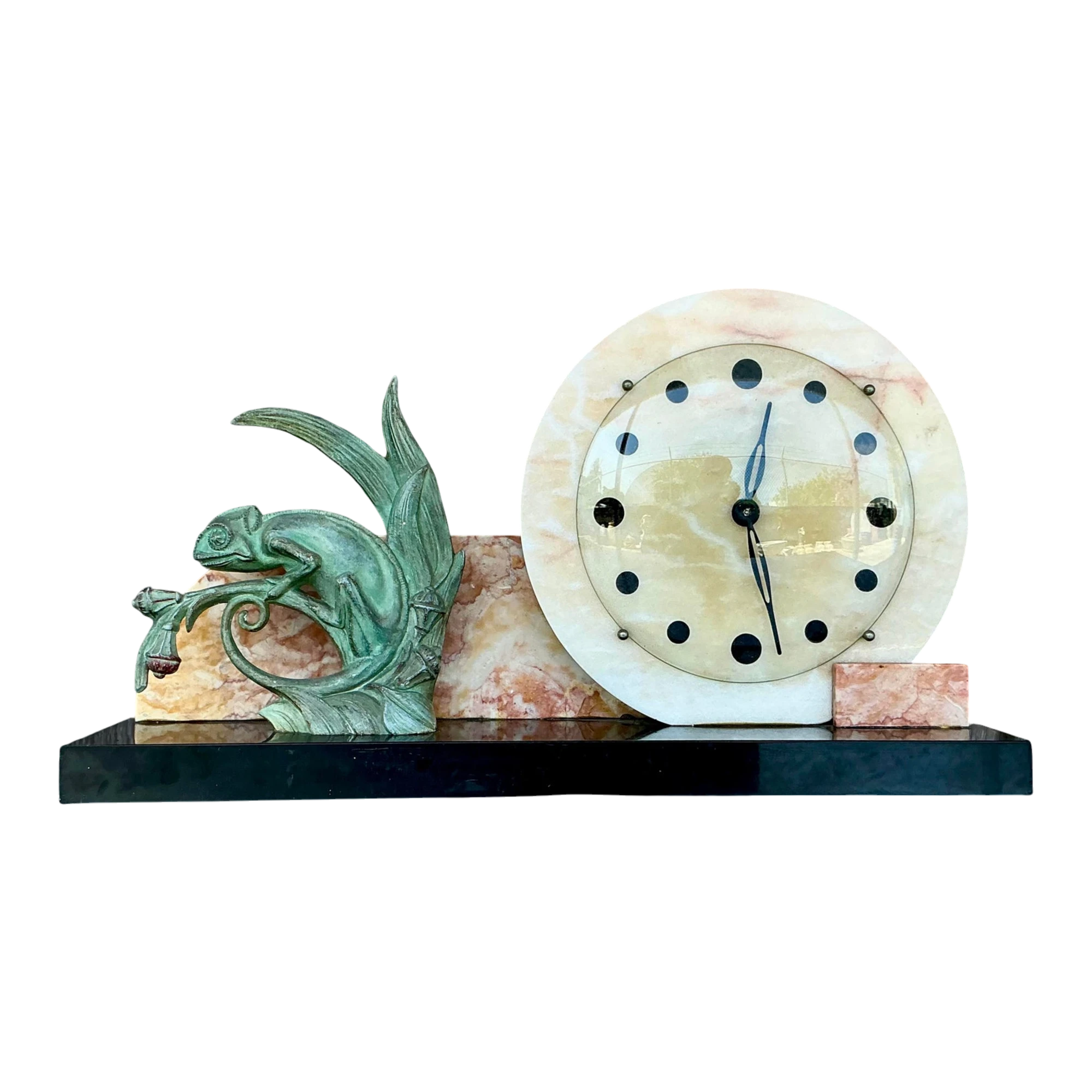 Vintage Deco Stone and Bronze Chameleon Clock