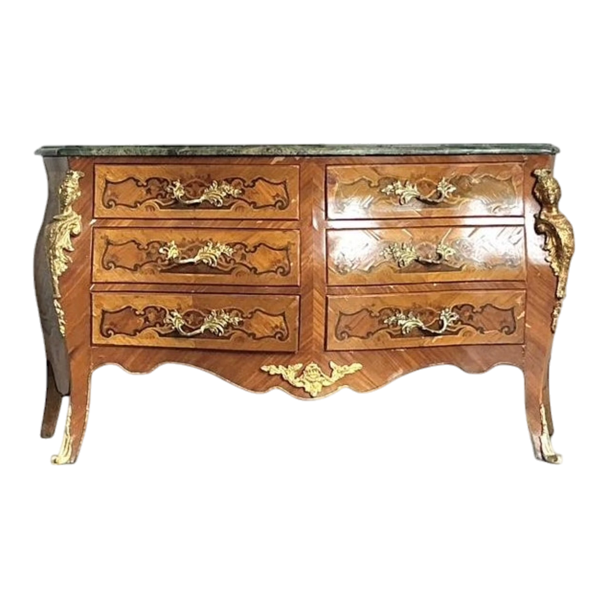 Vintage Distressed Marquetry and Ormolu Bombe Chest