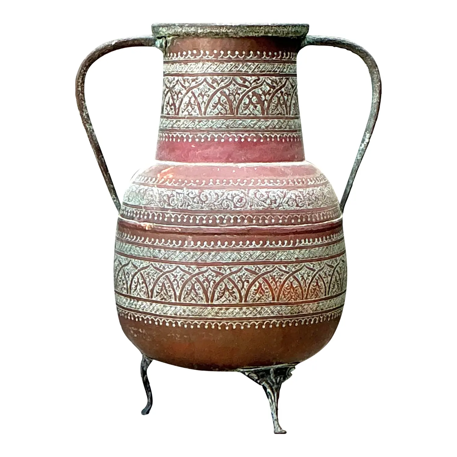 Vintage Engraved Copper Amphora Floor Vase