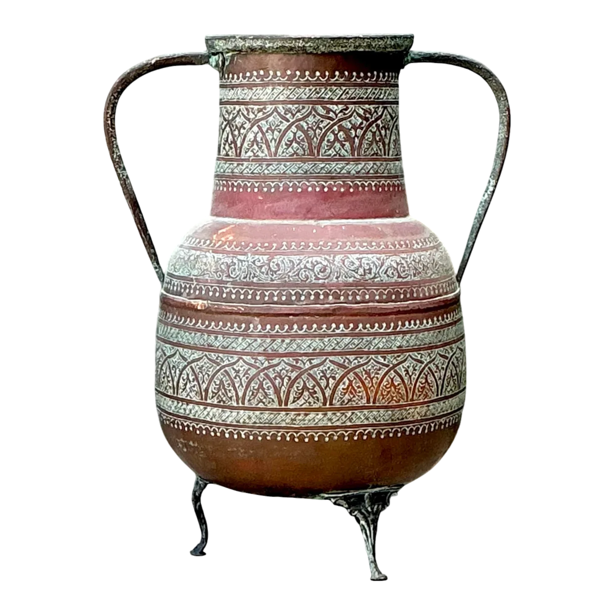 Vintage Engraved Copper Amphora Floor Vase