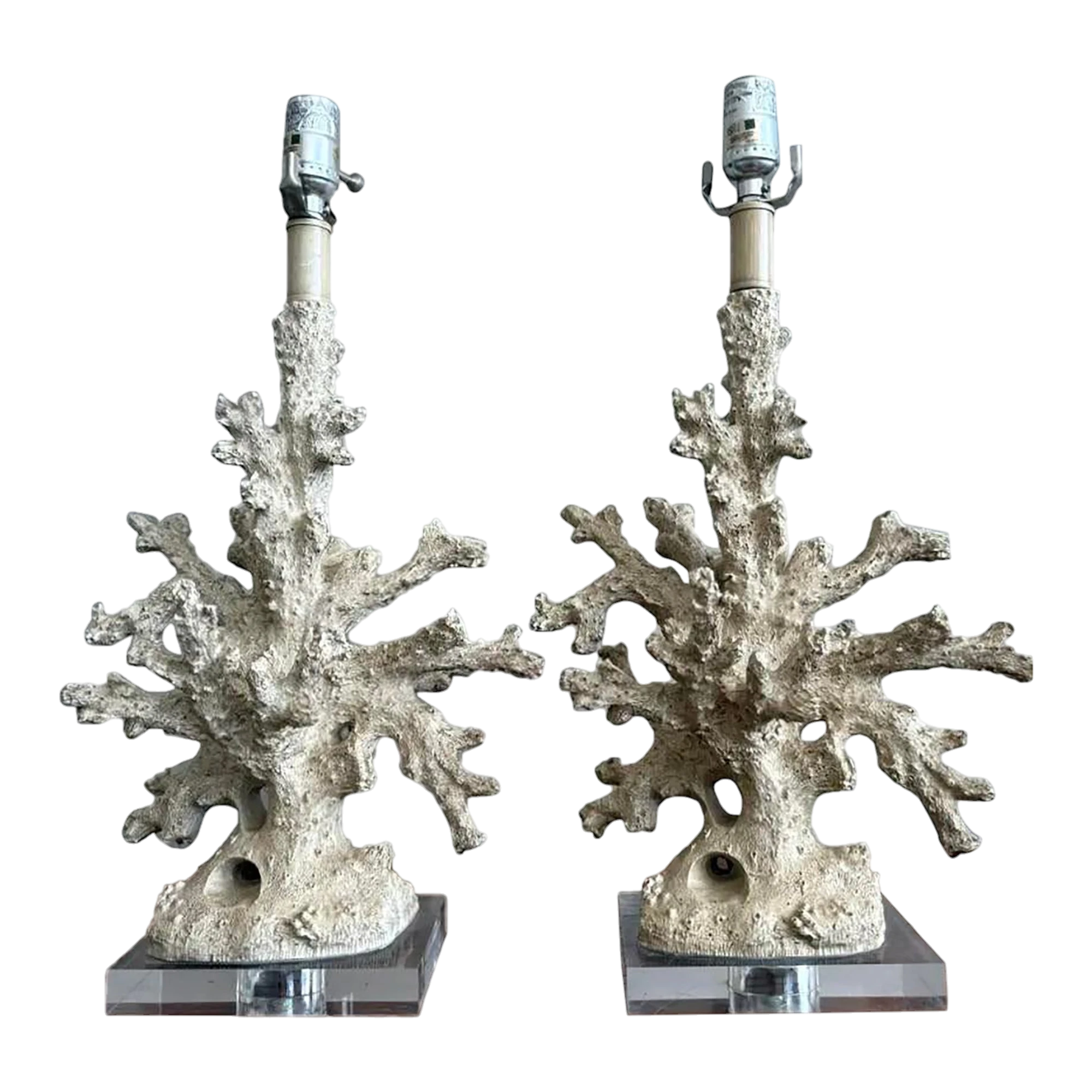 Vintage Faux Coral Branch Lamps on Lucite Base - a Pair