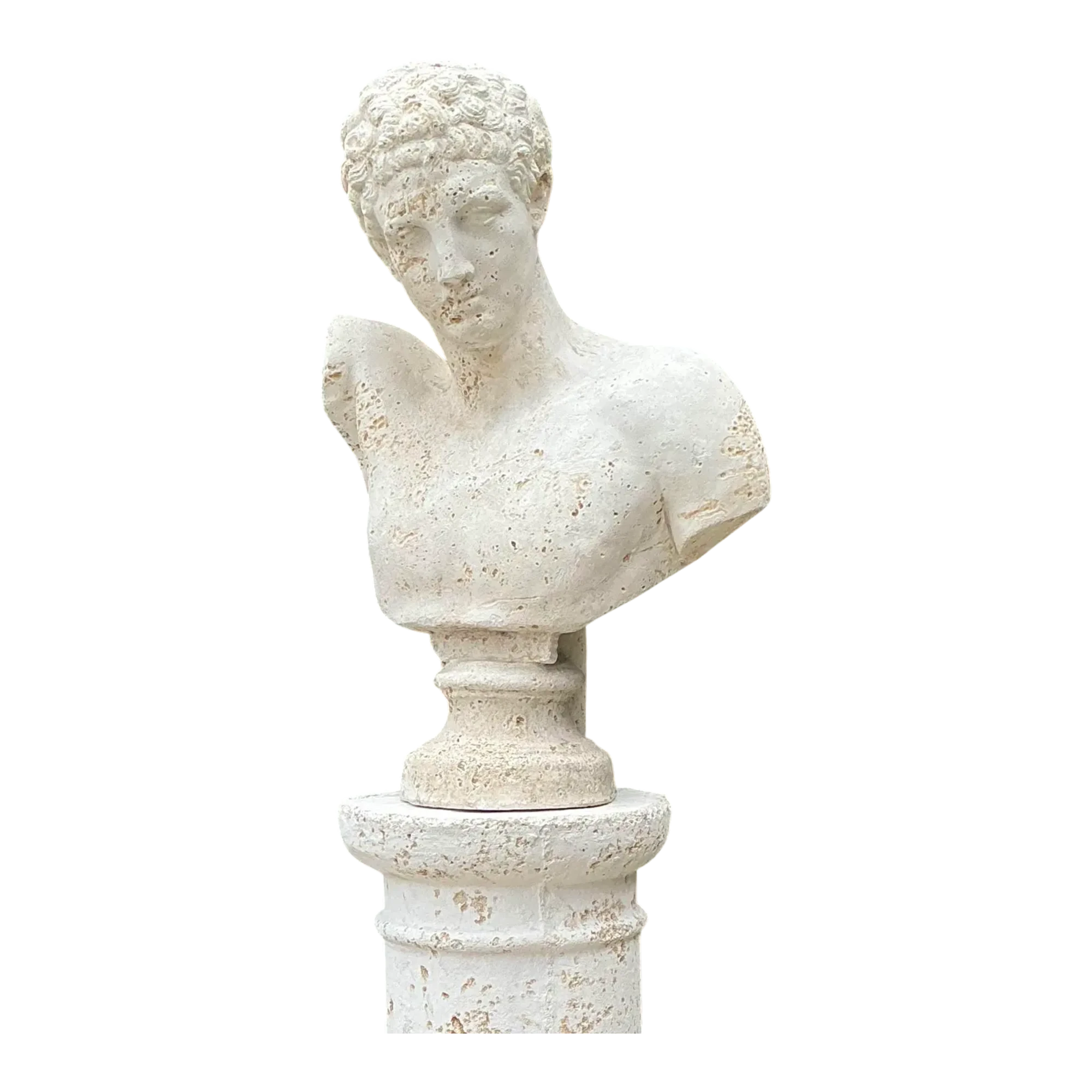 Vintage Faux Coral Cast Plaster Bust of Hermes on Pedestal