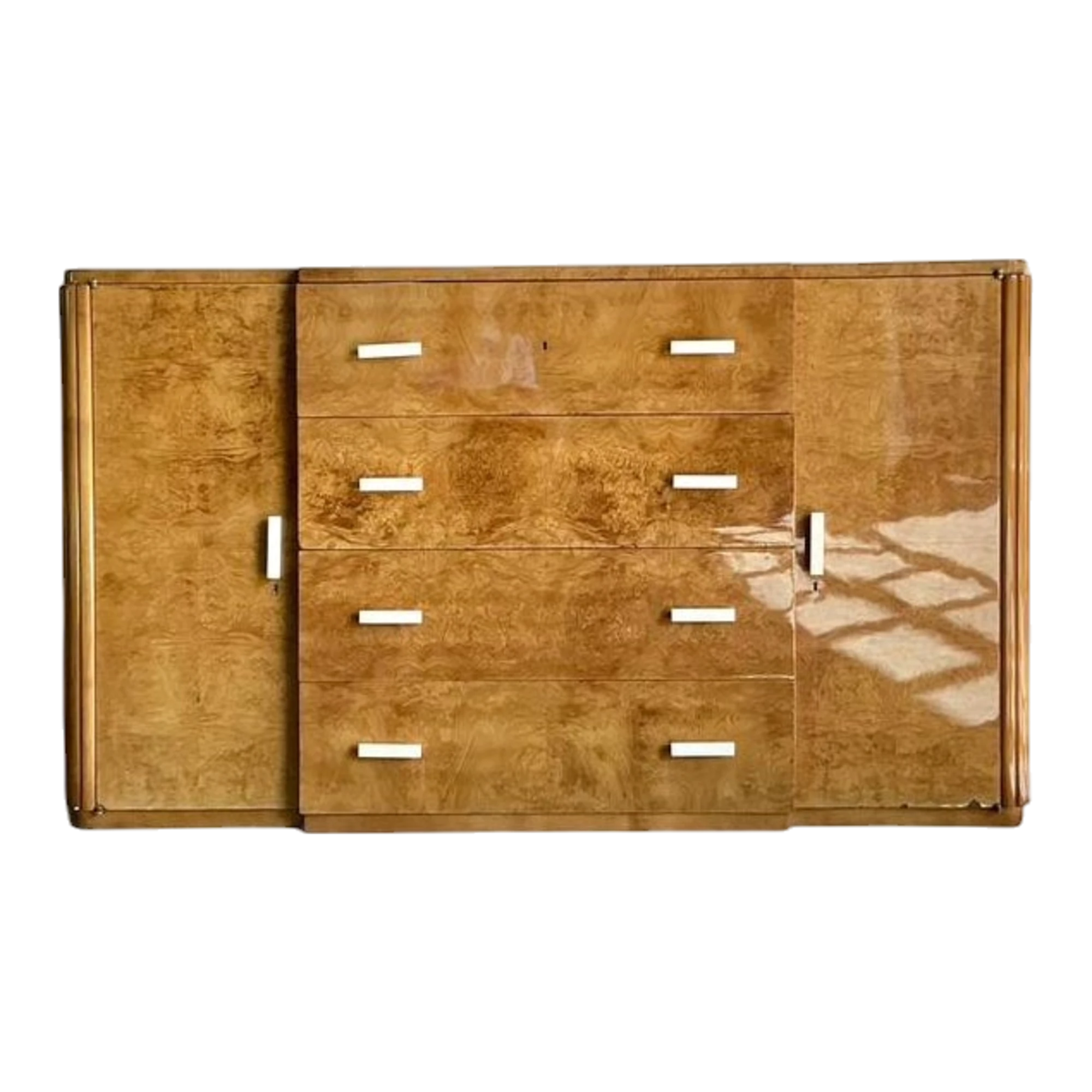 Vintage French Deco Burl Wood Credenza With Bone Handles