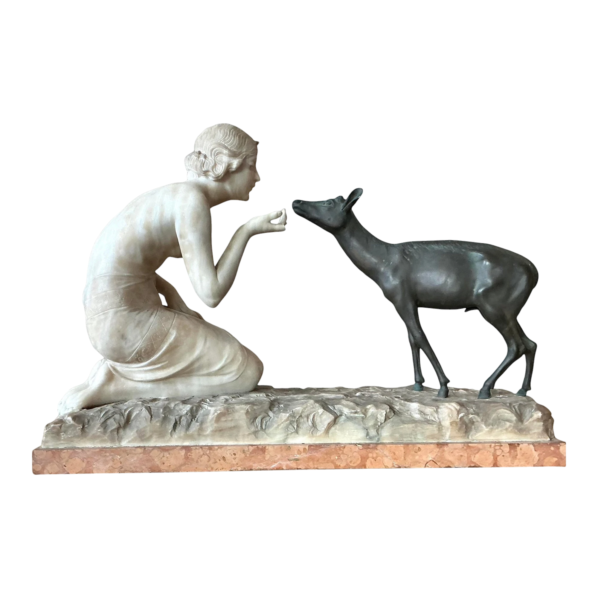 Vintage French Deco R. Ponti “Femme a La Biche” Carved Stone and Bronze Sculpture