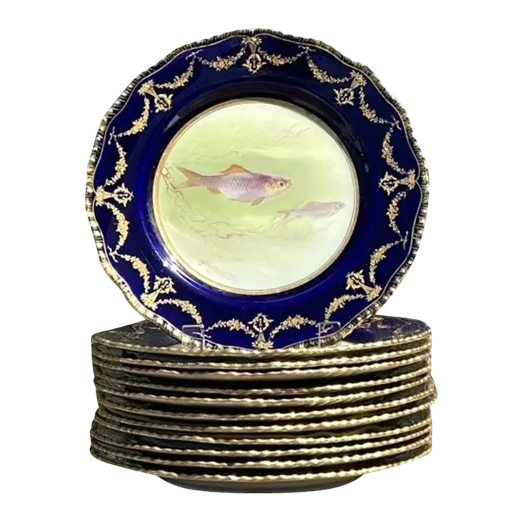 Vintage Gilt Tipped Doulton Burslem Fish Plates - Set of 12