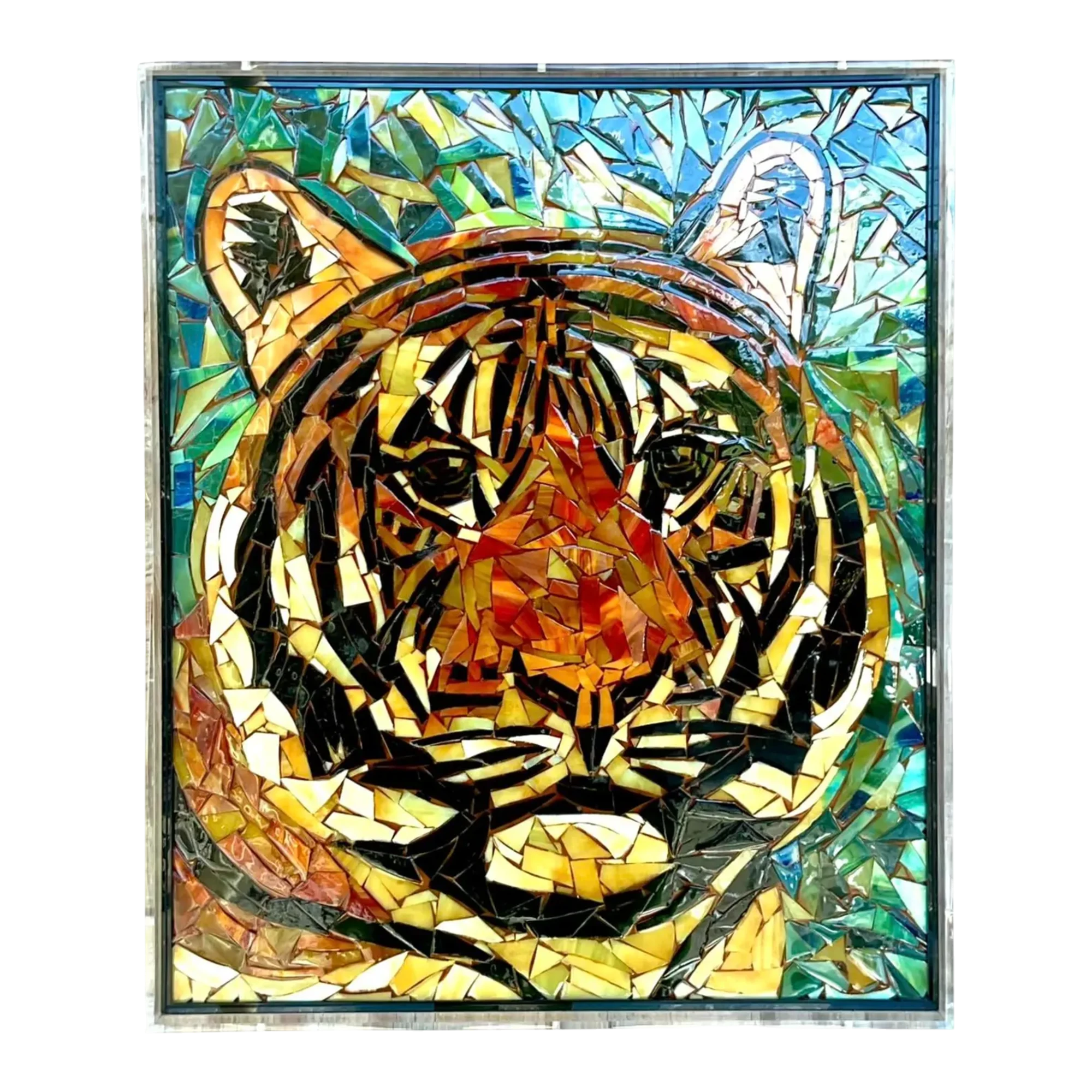 Vintage Glass Mosaic of Tiger in Lucite Box Wall Sculpture