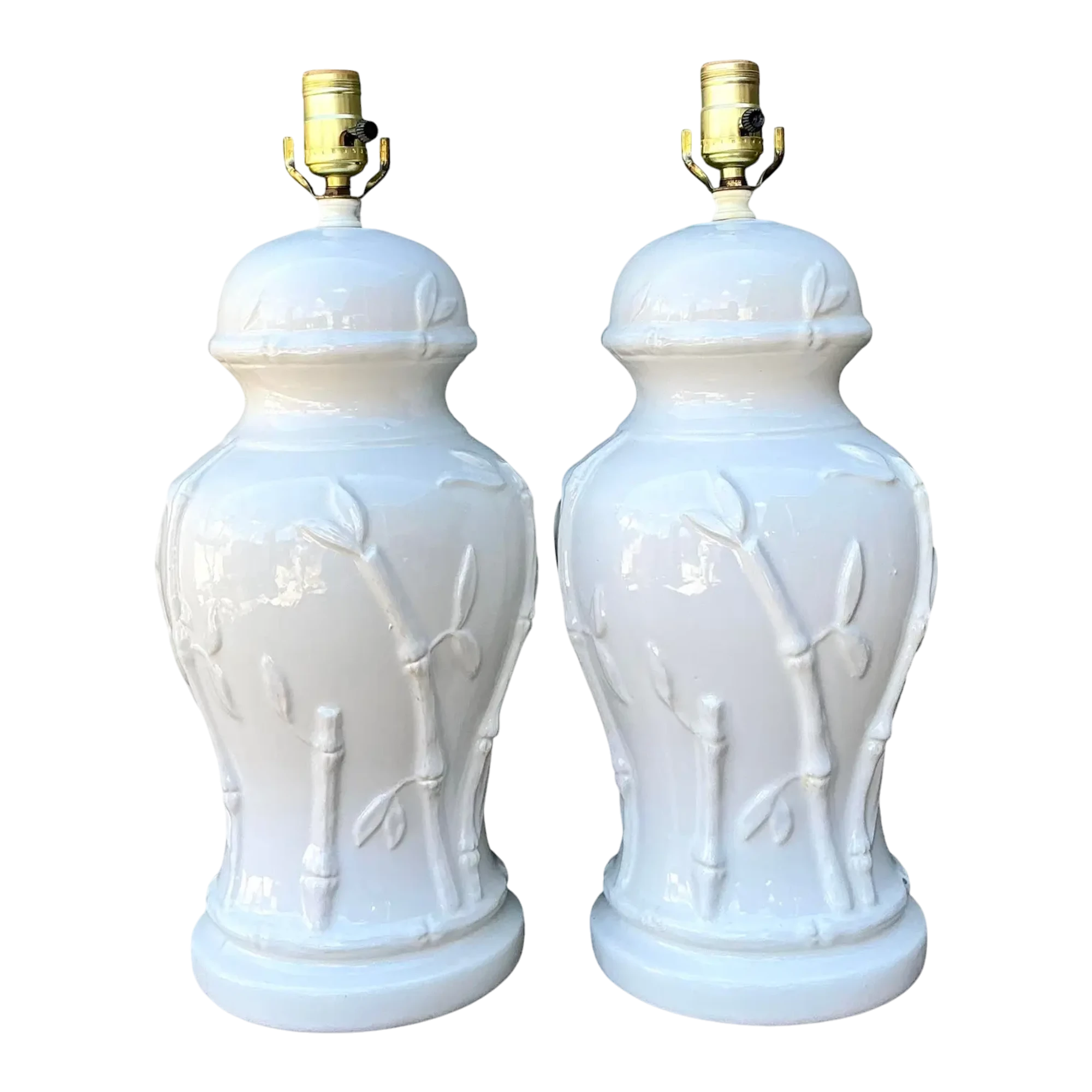 Vintage Glazed Ceramic Bamboo Lamps - A Pair