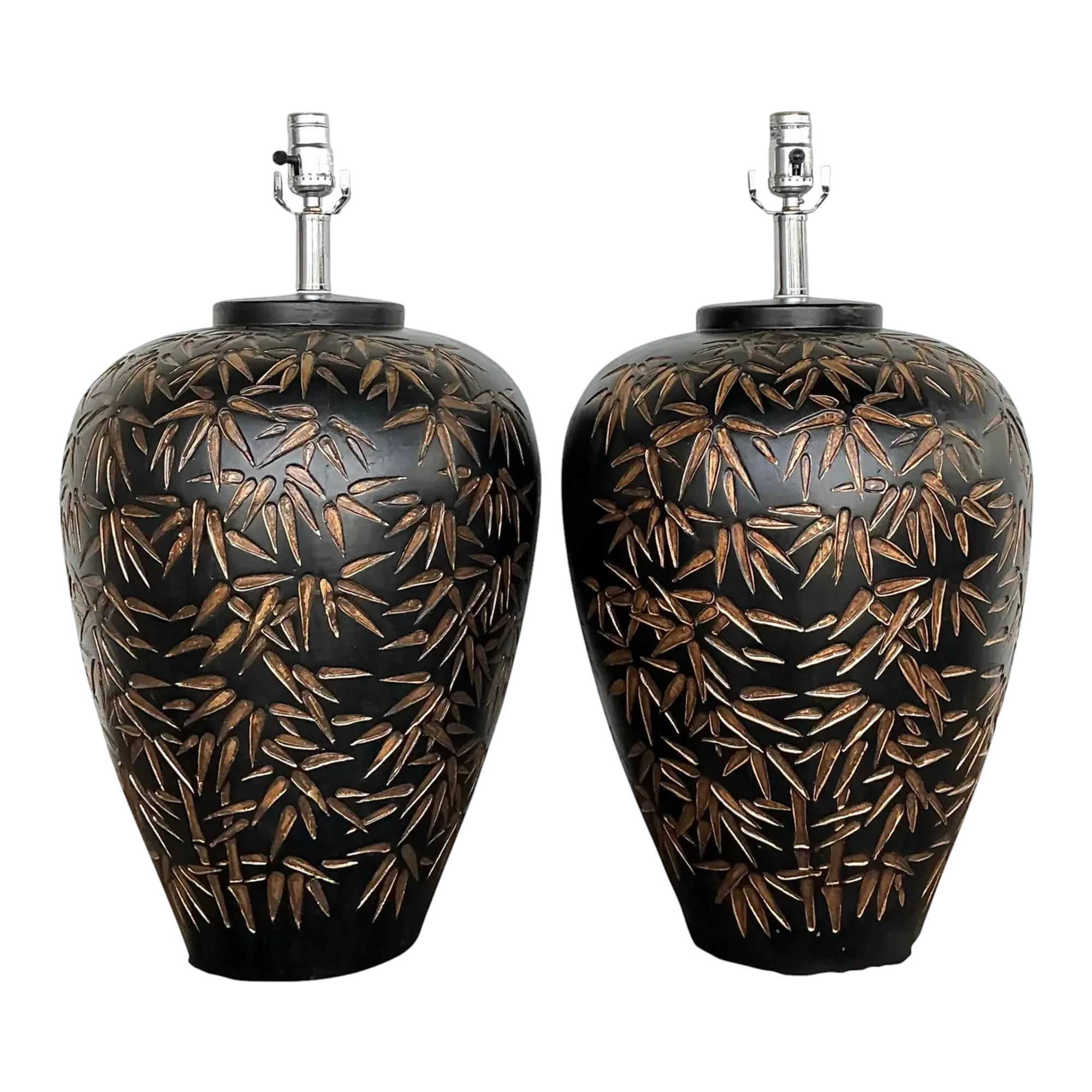Vintage Glazed Ceramic Bamboo Shoots Lamps - A Pair