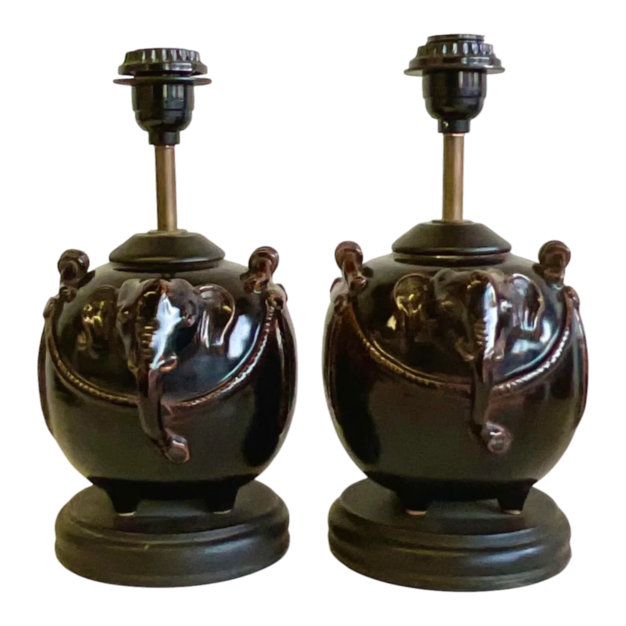 Vintage Glazed Ceramic Elephant Lamps - a Pair