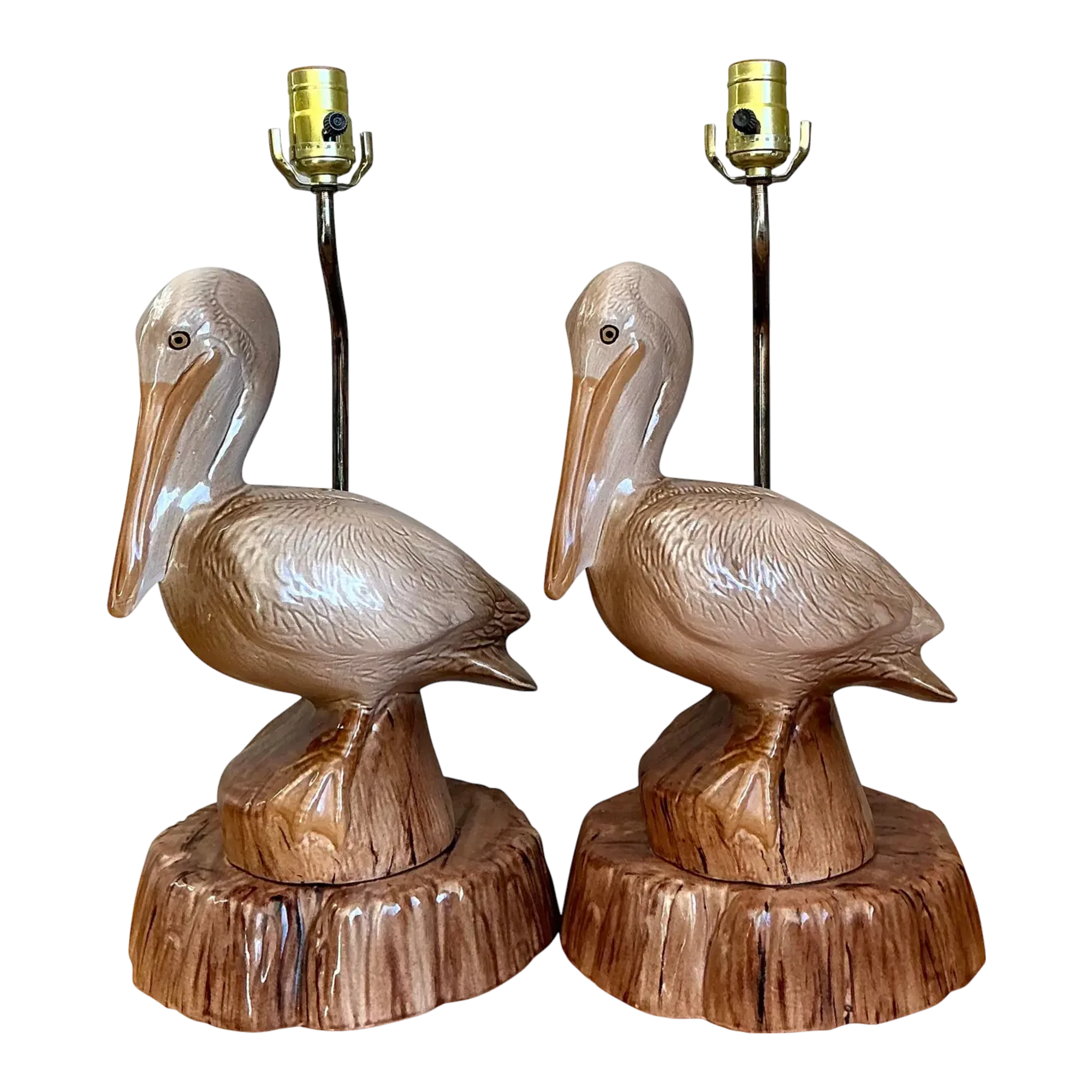 Vintage Glazed Ceramic Pelican Lamps - A Pair