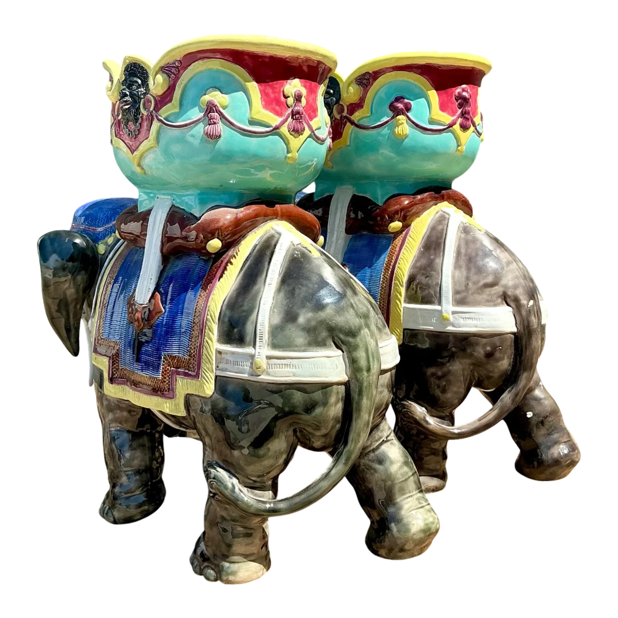 Vintage Glazed Ceramic Polychromed Elephants - A Pair