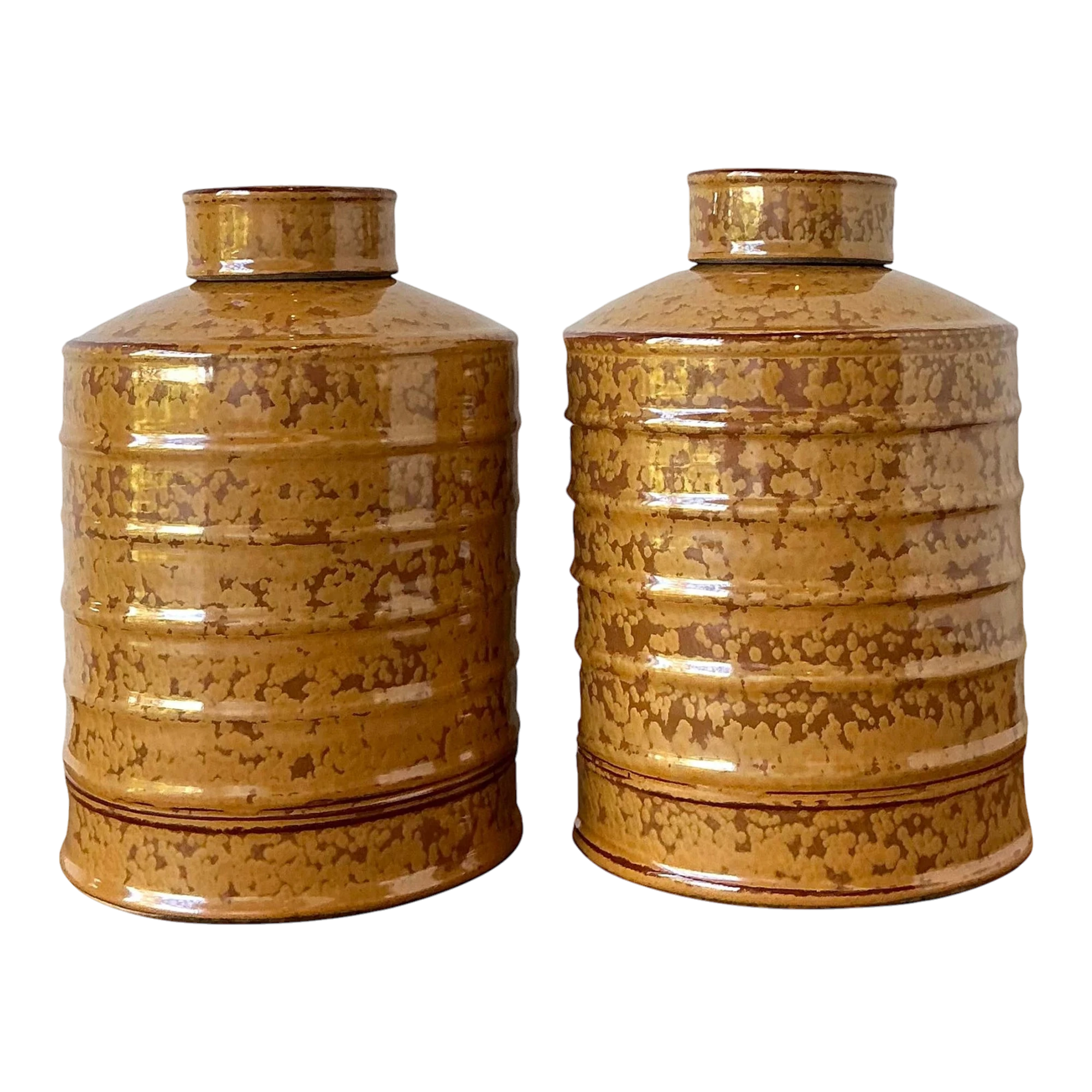 Vintage Glazed Ceramic Ribbed Lidded Urns - A Pair