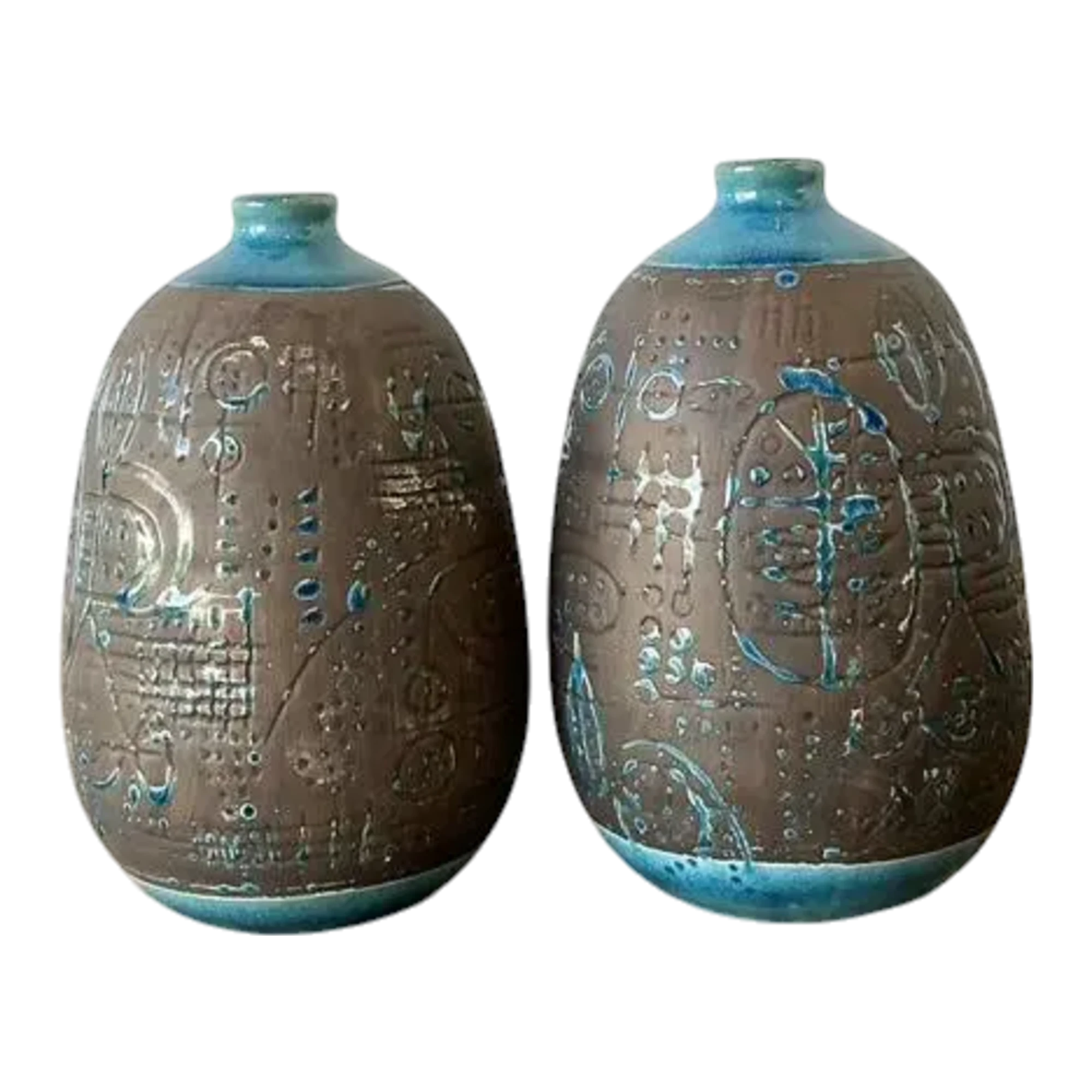 Vintage Glazed Ceramic Scored Vases - A Pair