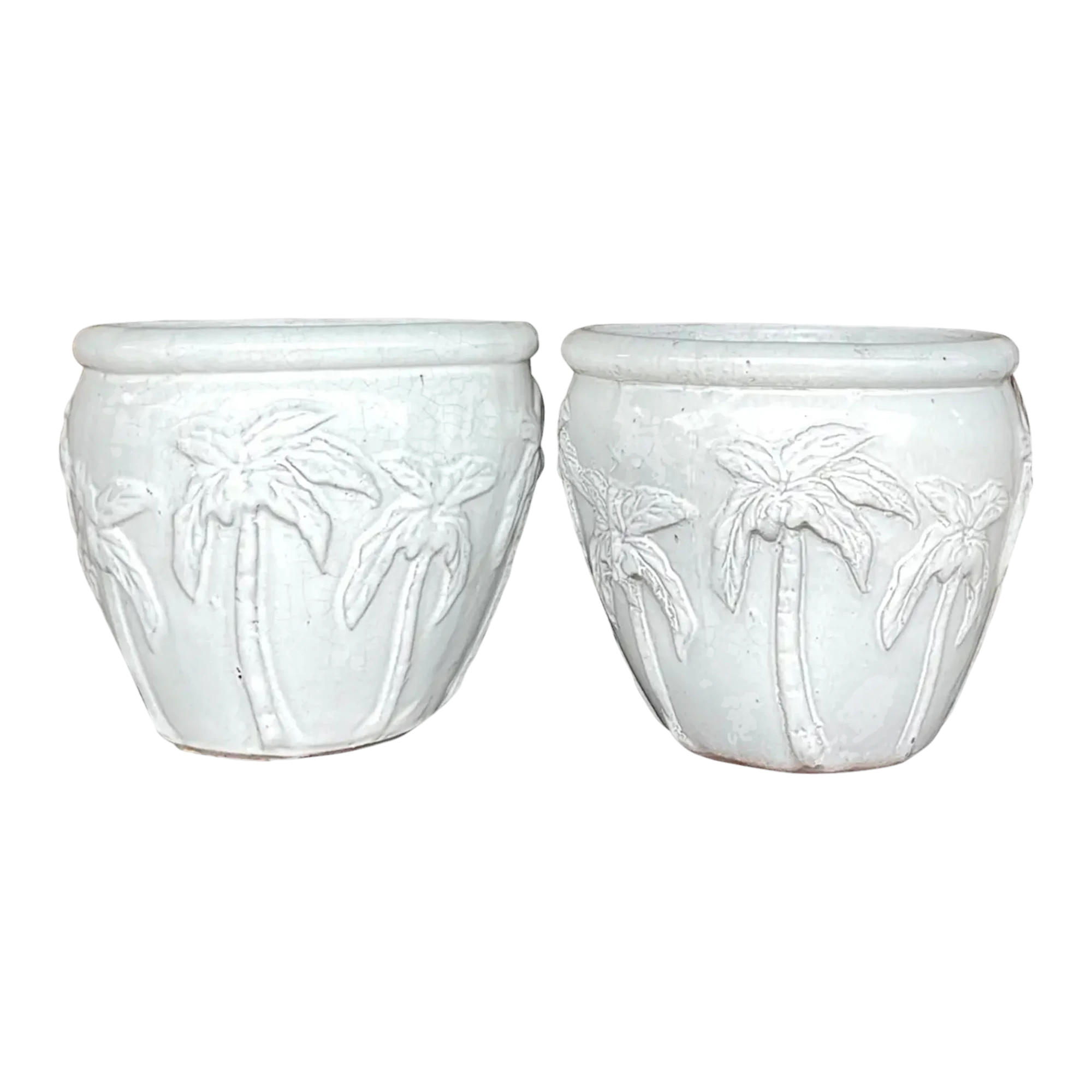 Vintage Glazed Terra Cotta Palm Tree Planters - a Pair