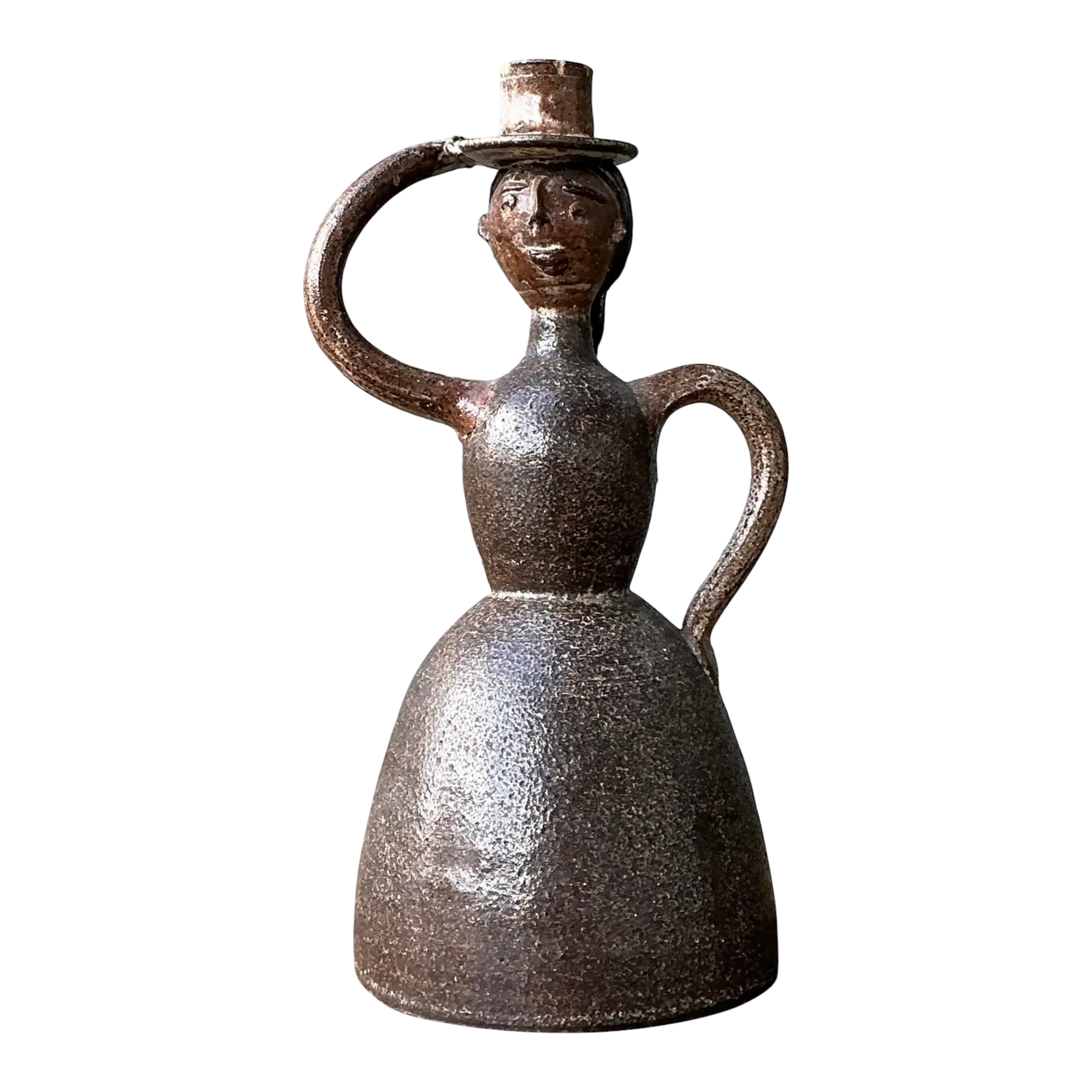 Vintage Glazed Terracotta Figure Candlestick