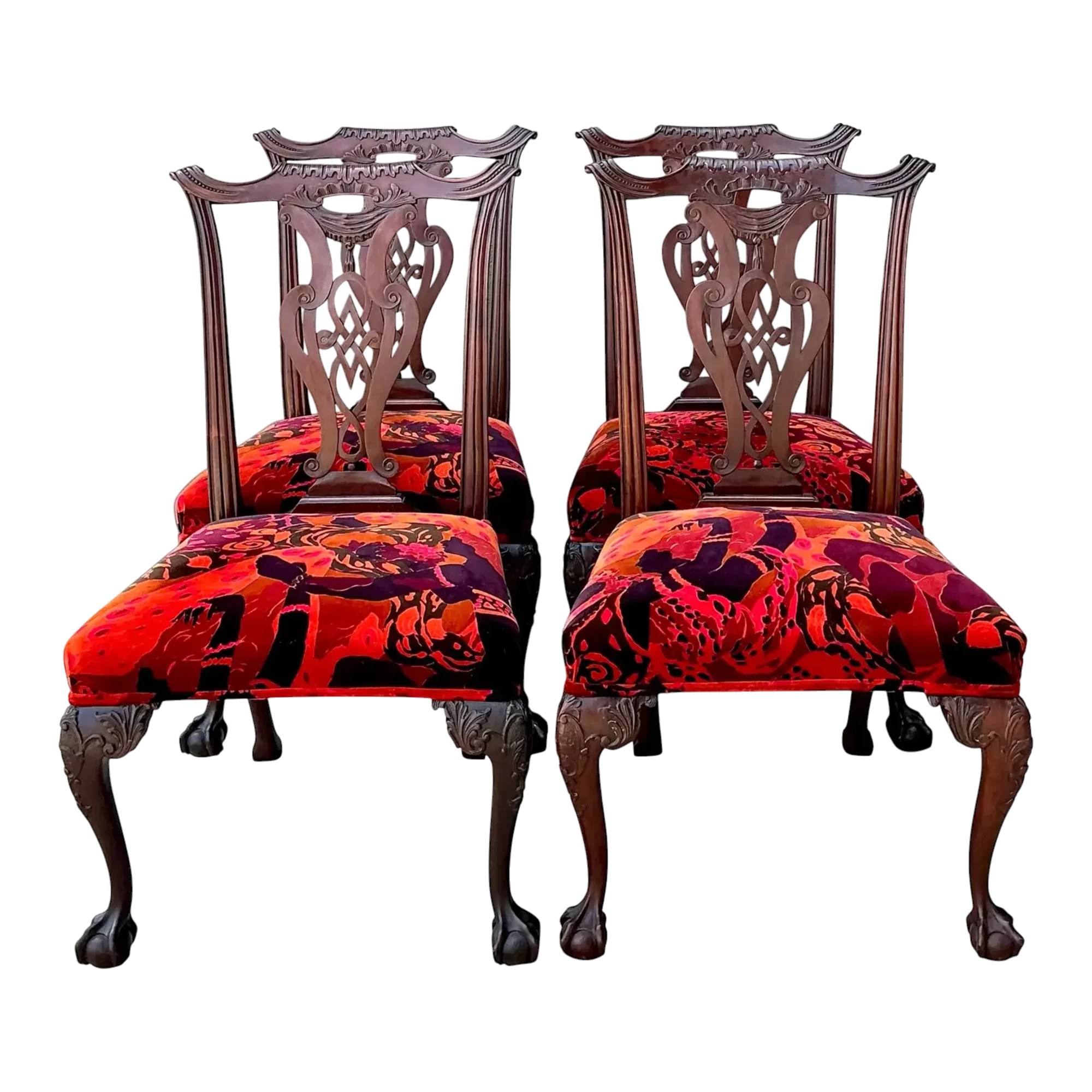 Vintage Hand Carved Chippendale Dining Chairs in 80s Yves St Laurent Printed Velvet - Set of 4
